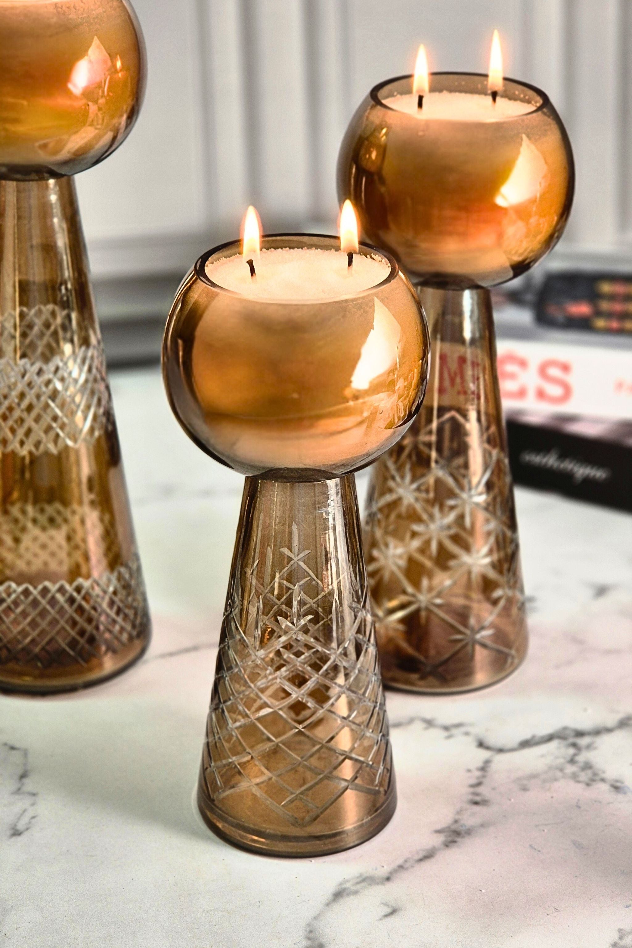Luxe Luminance Pedestal Candles | Crystal Amber Glass
