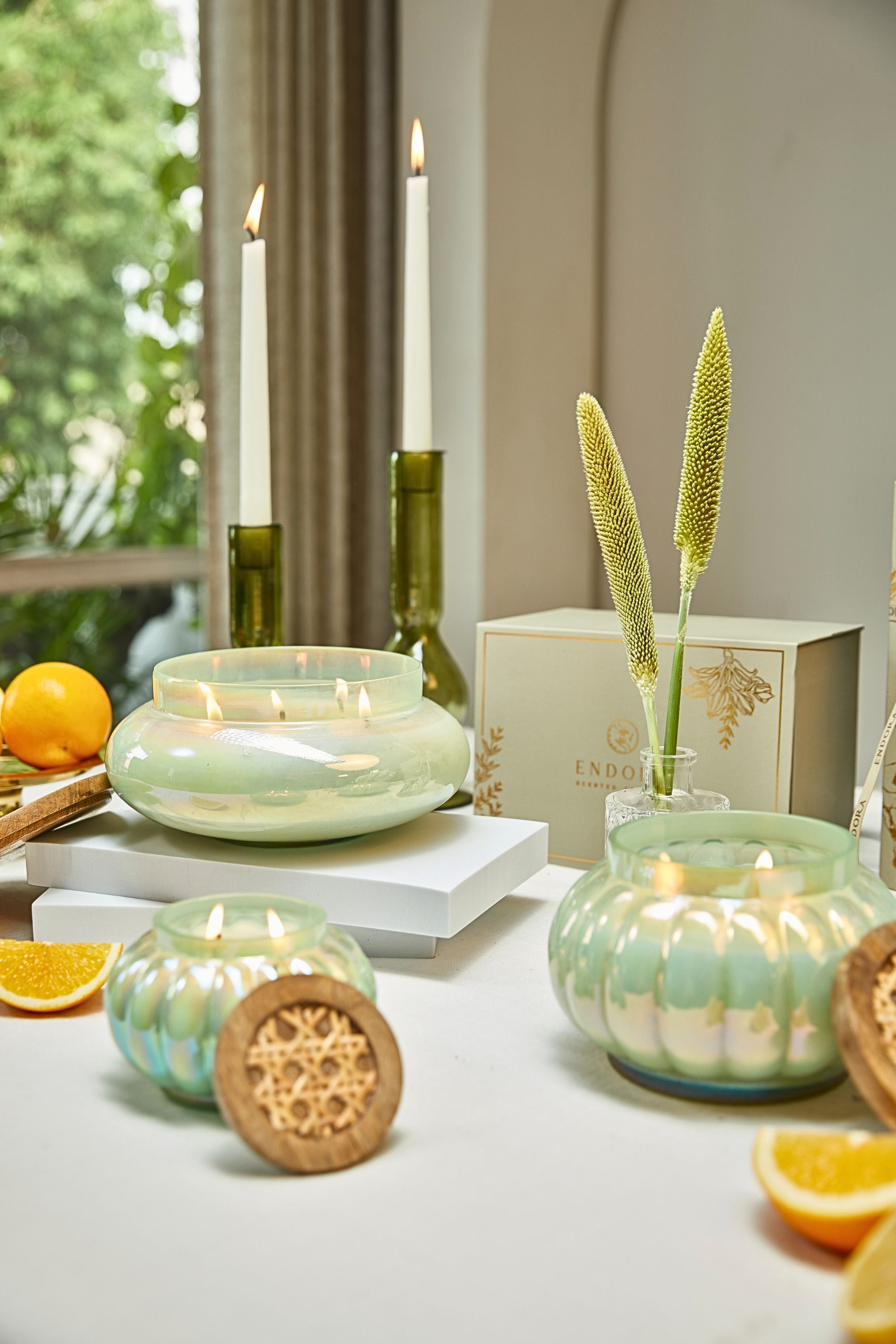 Aquamarine Boho Set of 3 - Lustre Jars with wooden cane lid