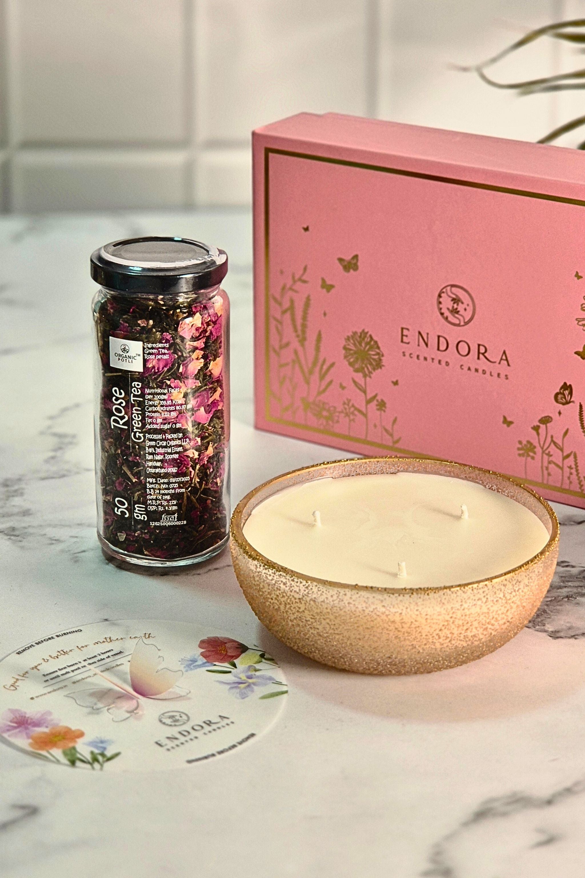 Endora Bloom Box | Rose bowl candle + Rose green tea