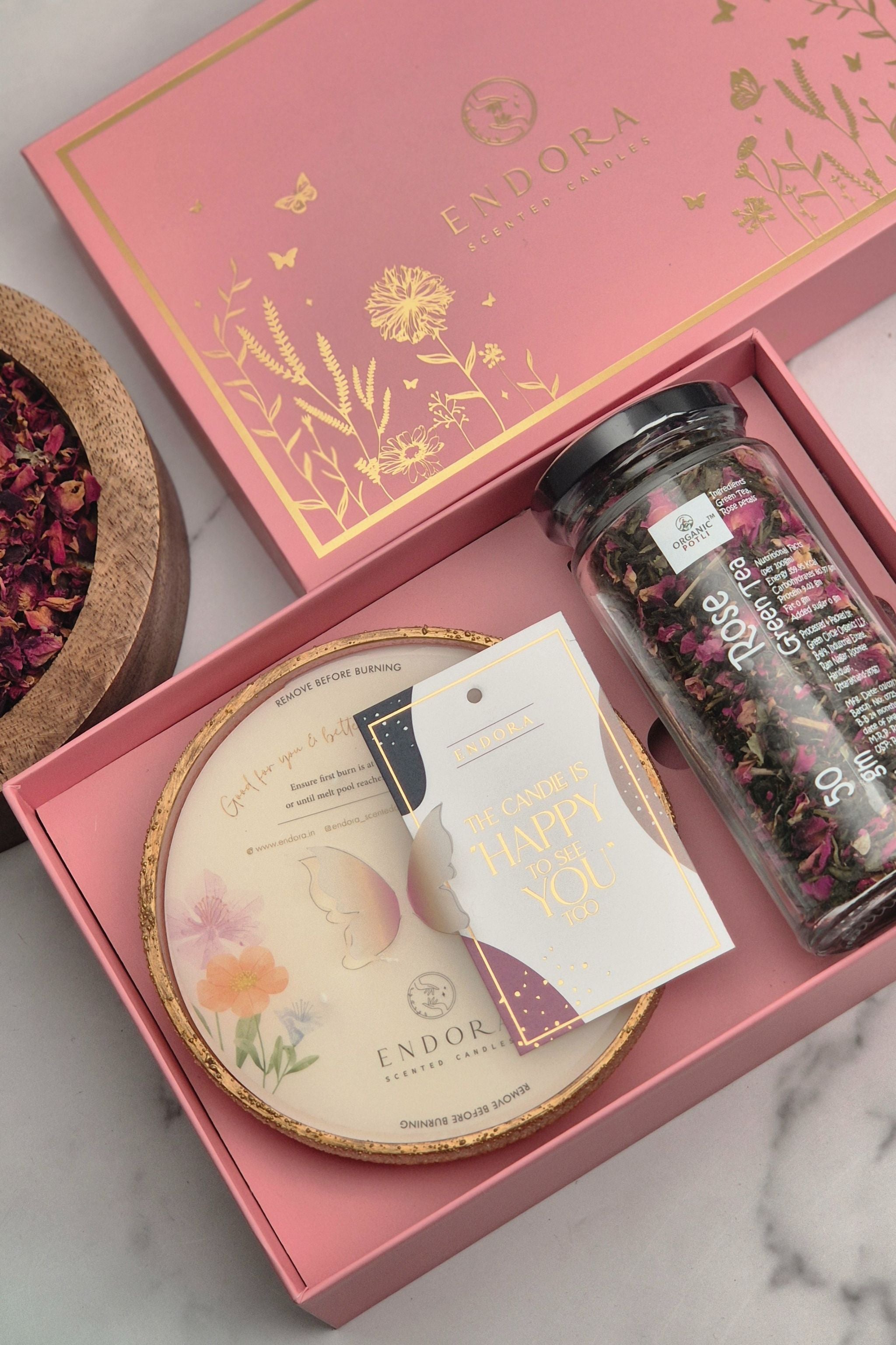 Endora Bloom Box | Rose bowl candle + Rose green tea