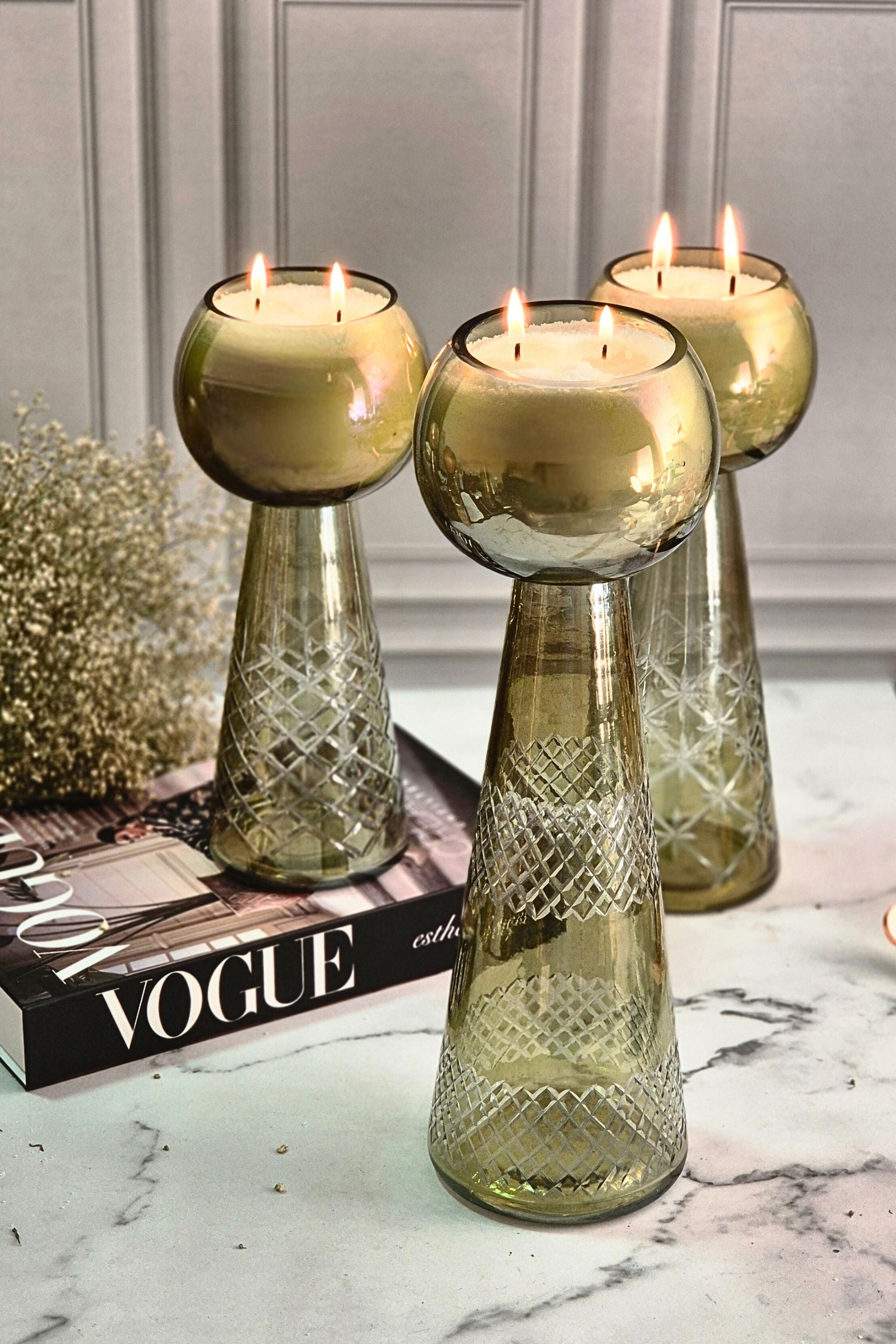 Luxe Luminance Pedestal Candles | Crystal Olive Green Glass