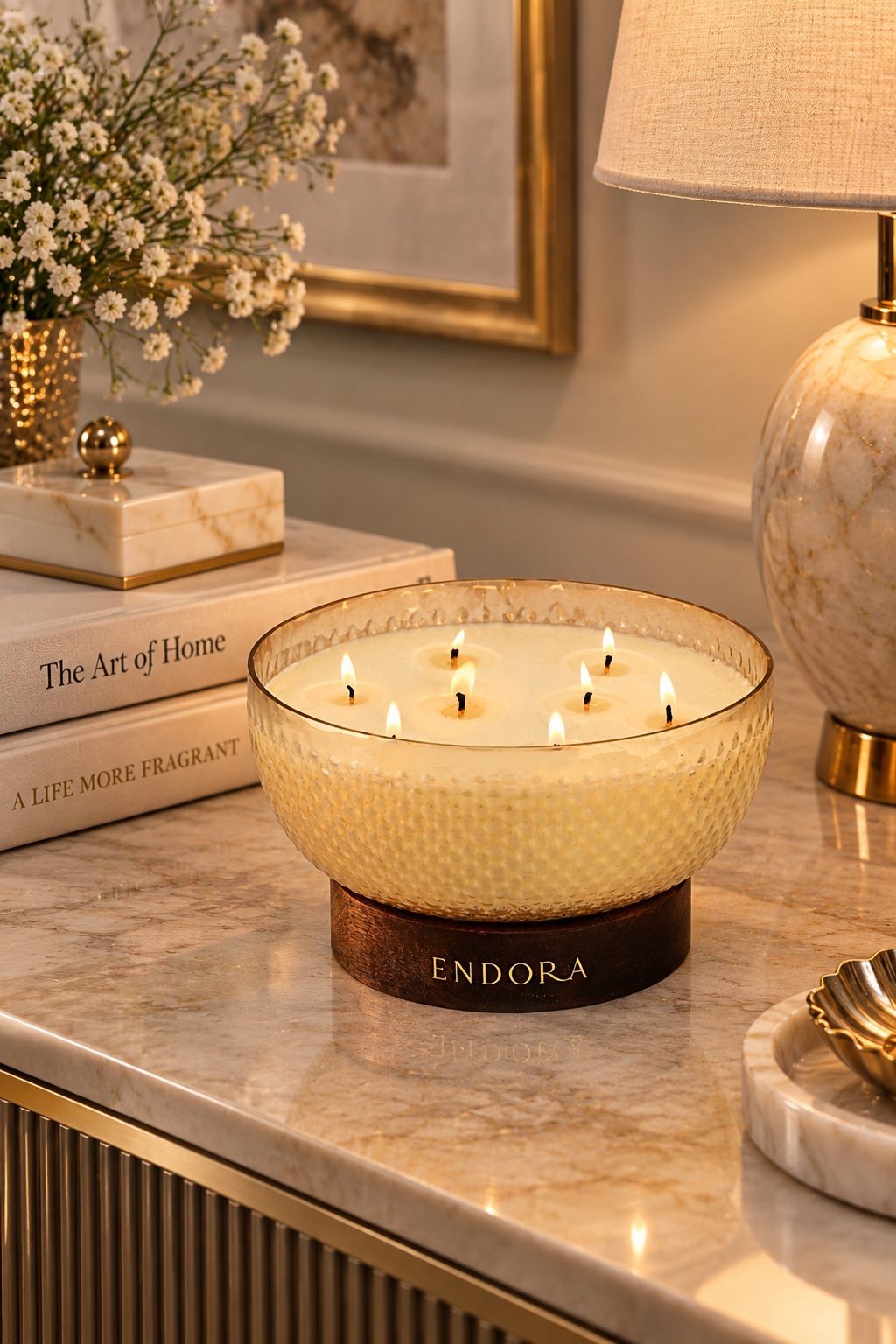 Diamond Cut Wood Base bowl | Scented Candle
