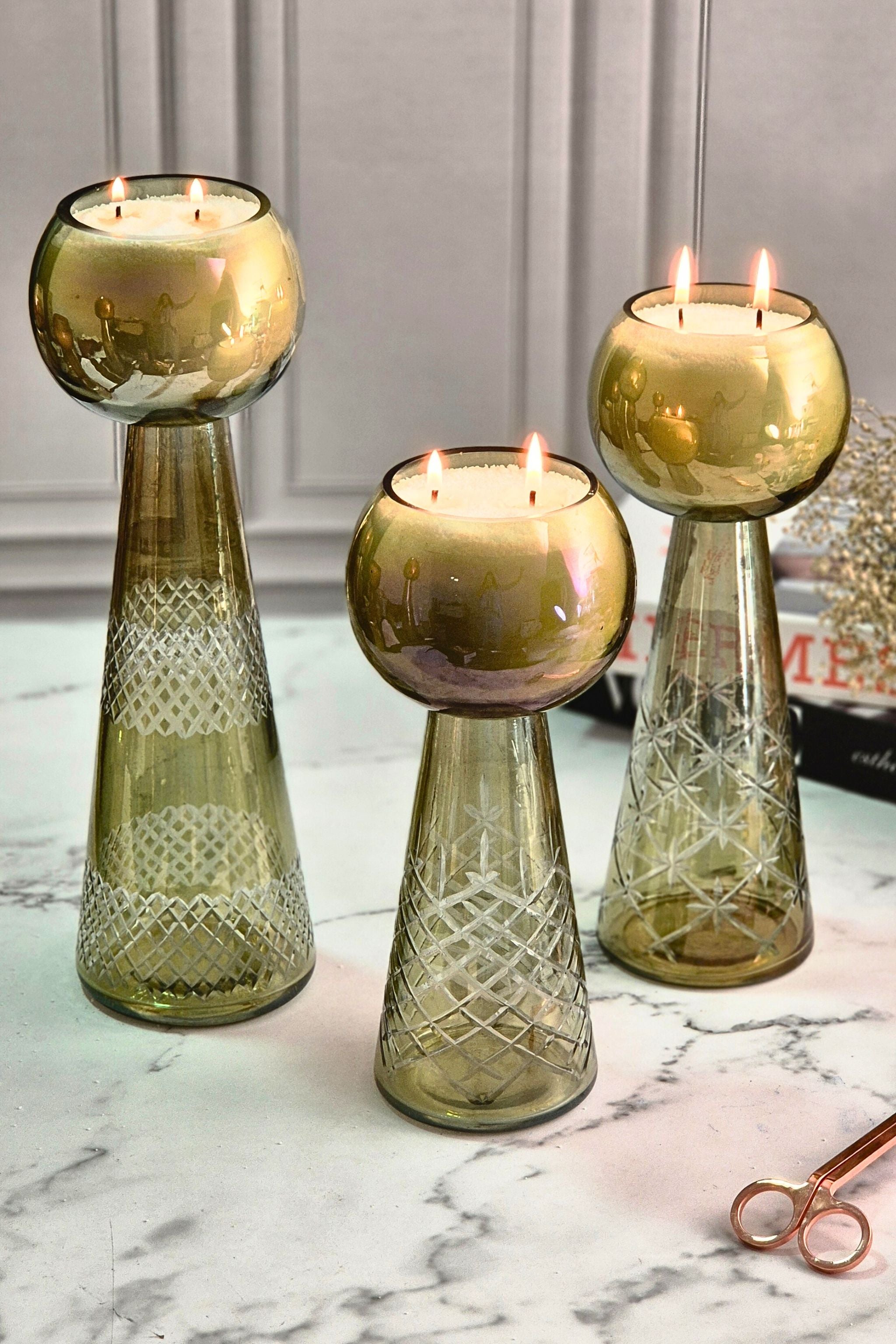 Luxe Luminance Pedestal Candles | Crystal Olive Green Glass