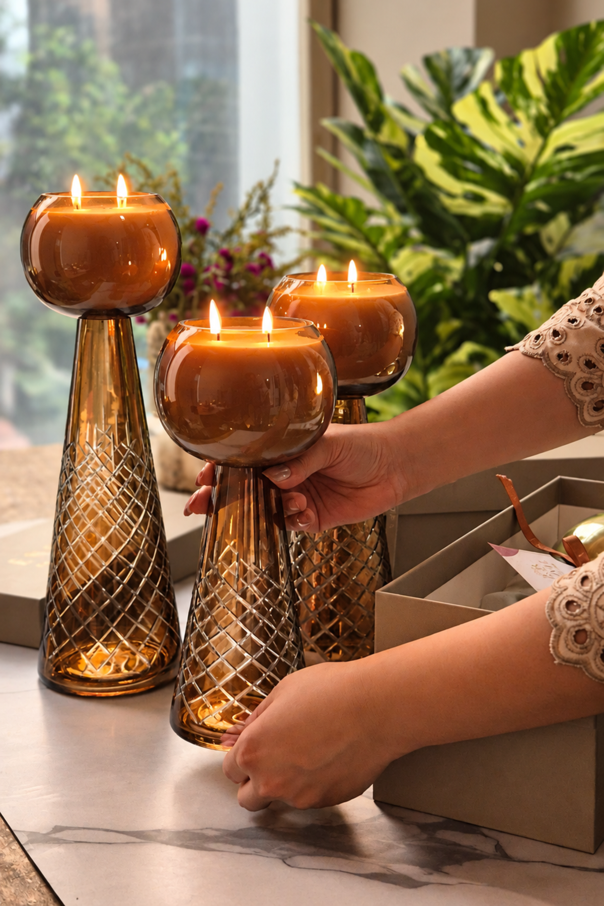 Luxe Luminance Pedestal Candles | Crystal Amber Glass