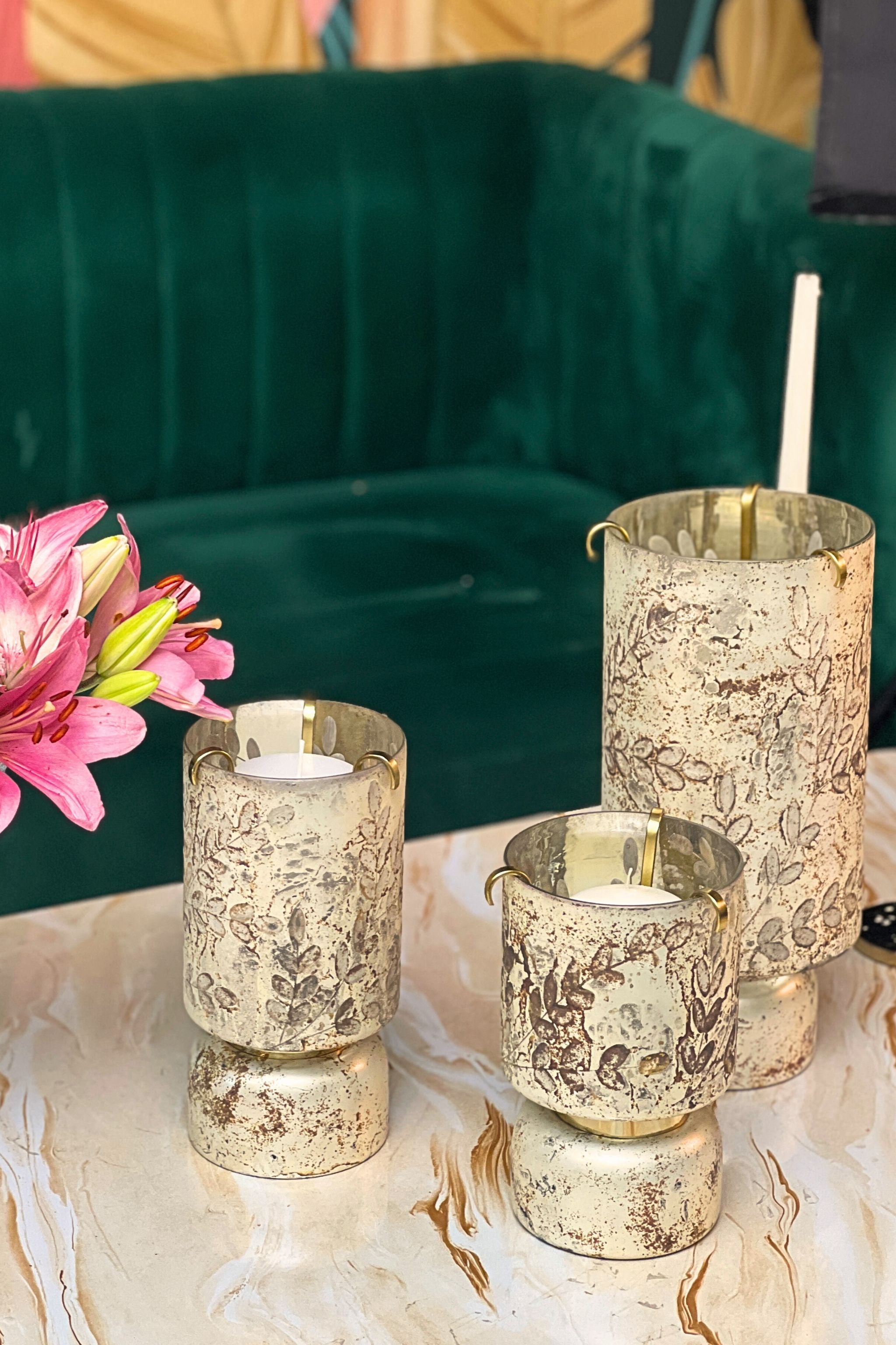 Autumn Pearl Antique Hurricanes | Pillar candle holder