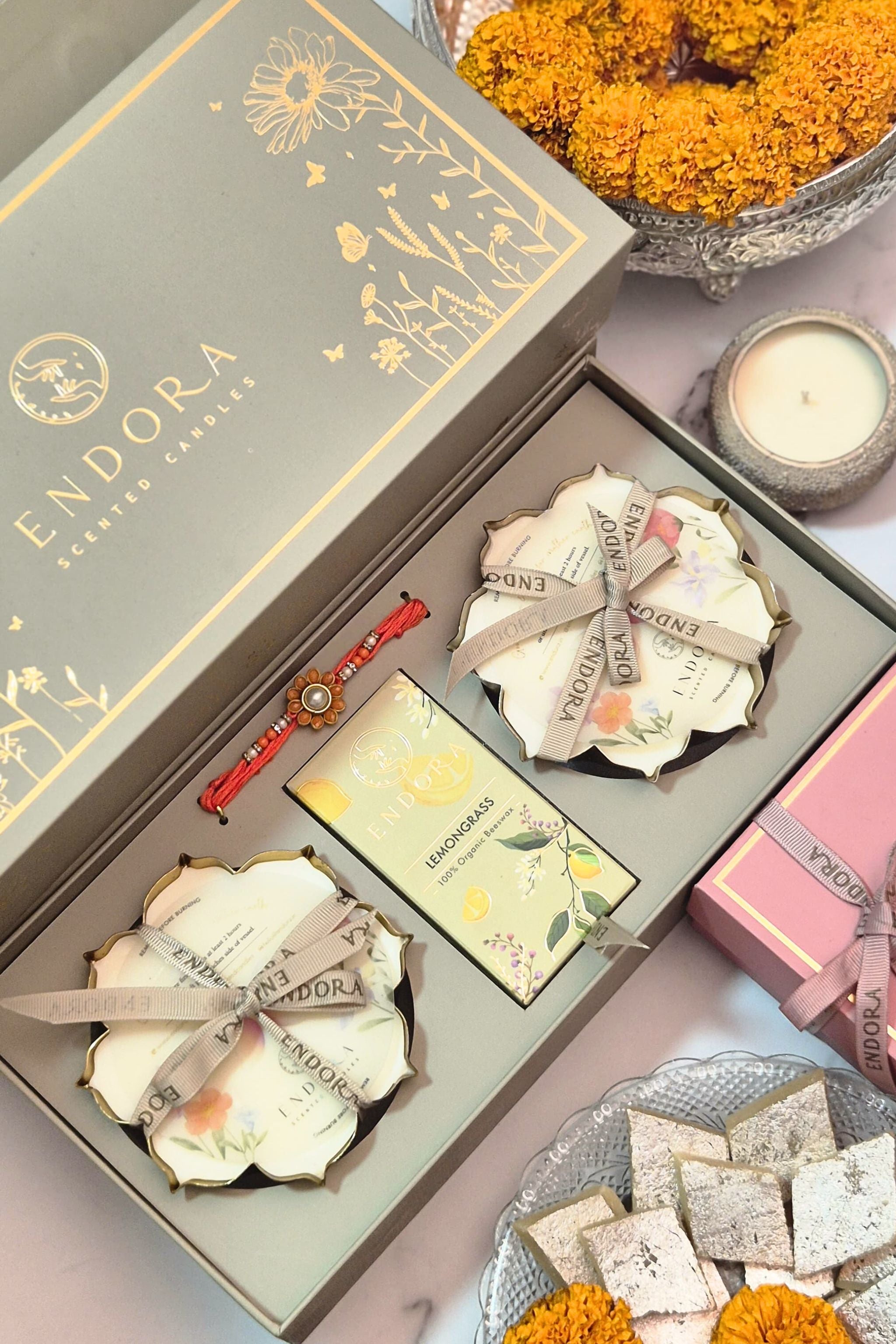 Rakhi Special Gift Box | 2 lotus urli + Bhaiya bhabhi rakhi + Wax tablet