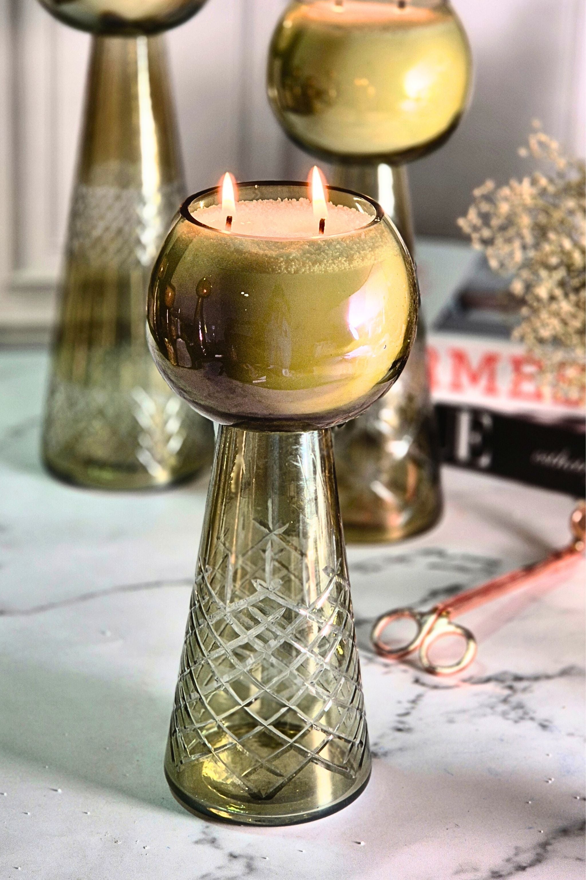 Luxe Luminance Pedestal Candles | Crystal Olive Green Glass