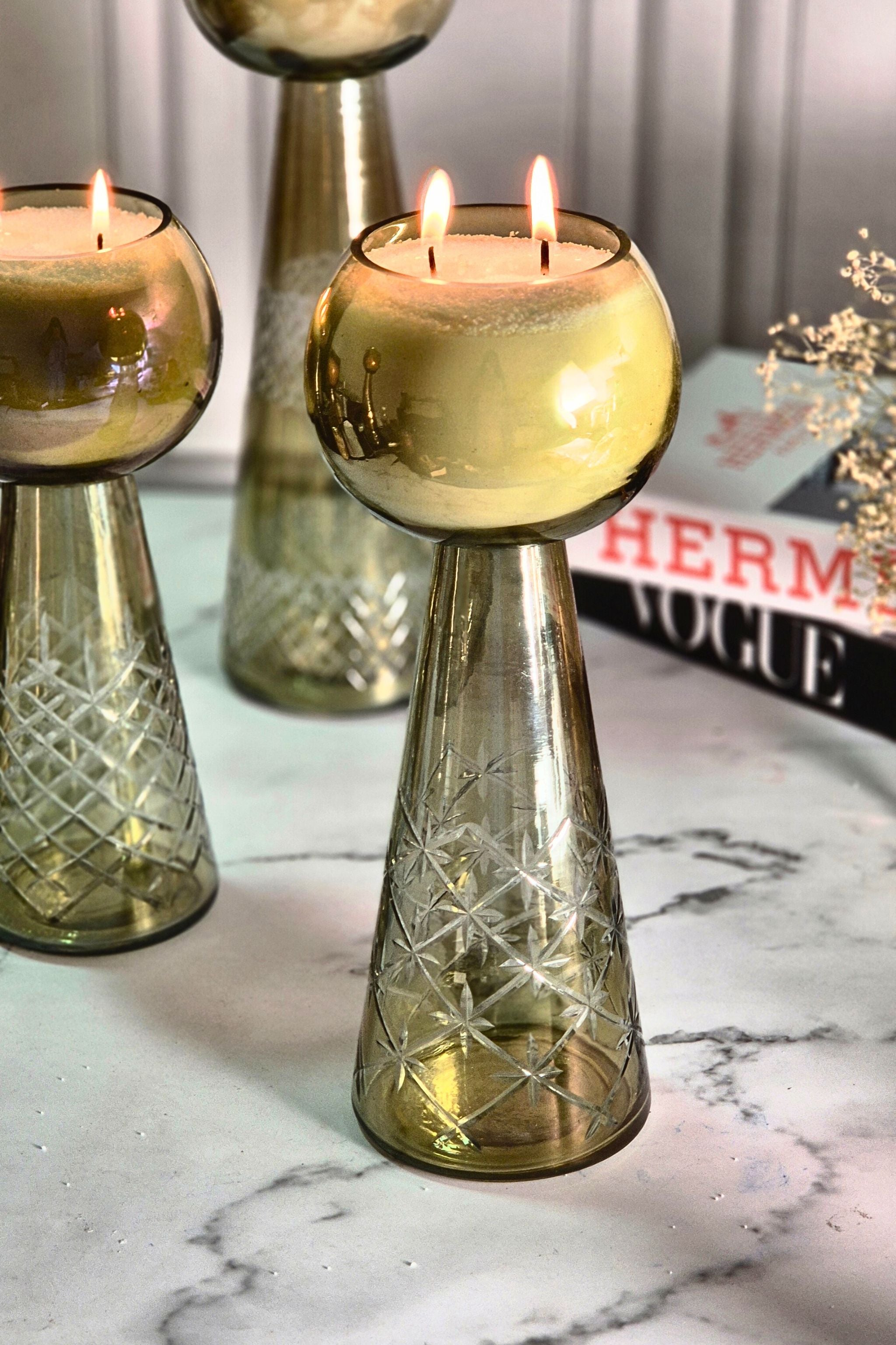 Luxe Luminance Pedestal Candles | Crystal Olive Green Glass