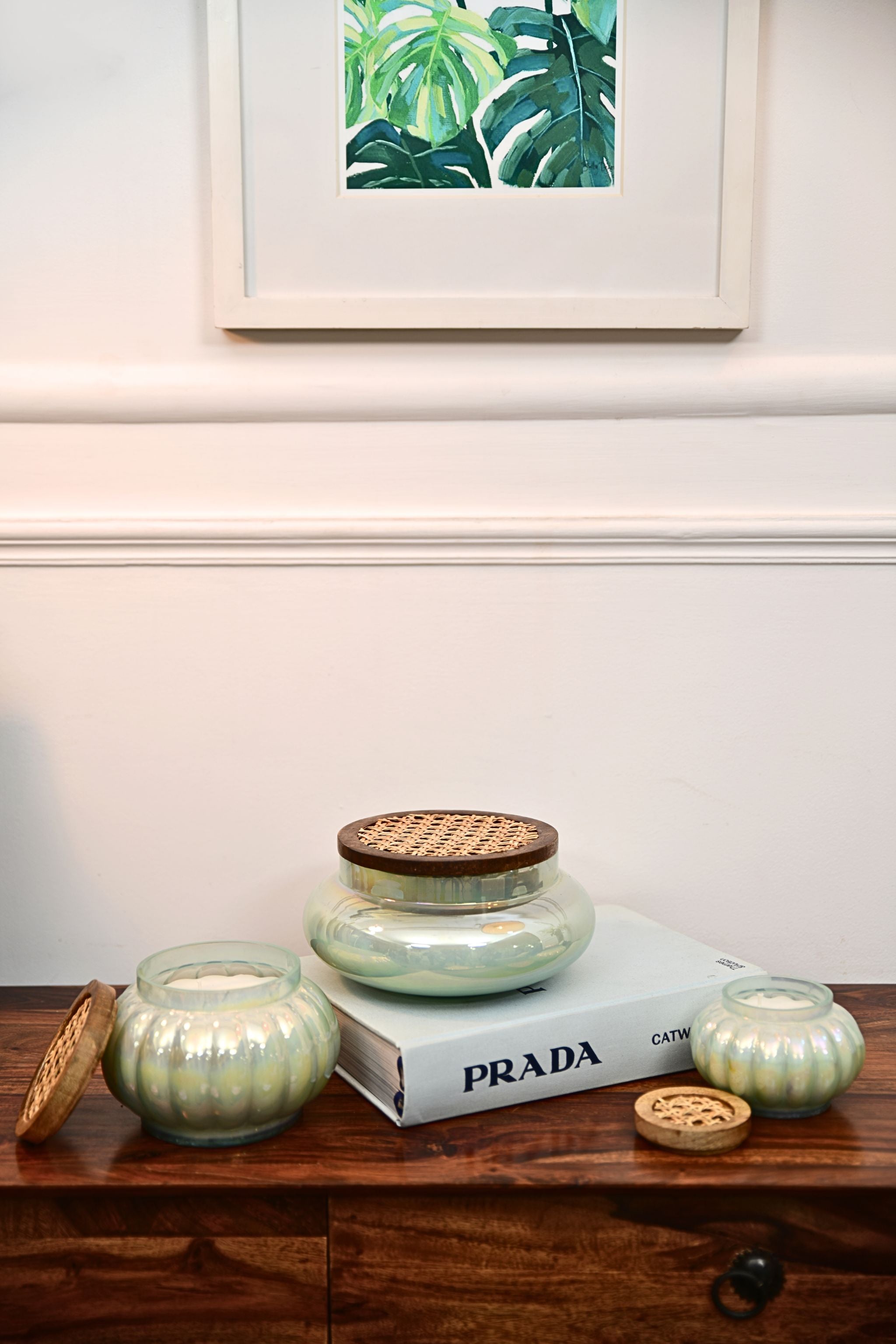 Aquamarine Boho Set of 3 - Lustre Jars with wooden cane lid