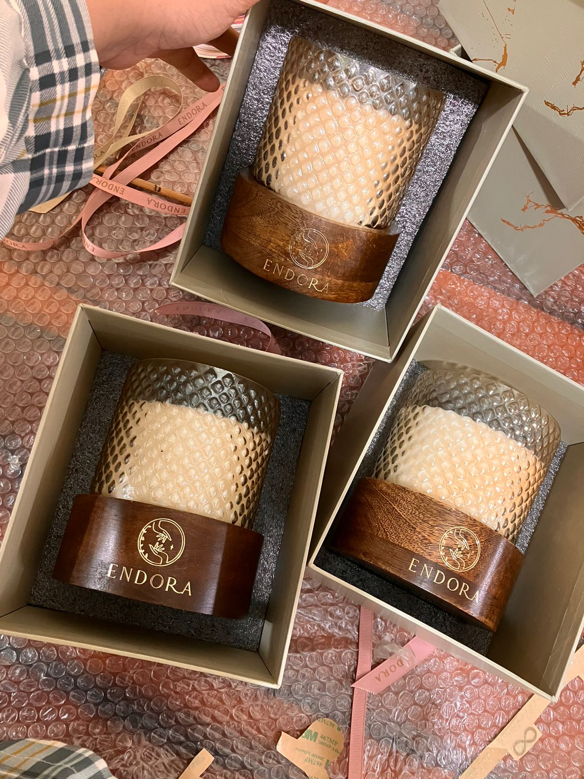 Diamond Cut Wood Base Candles | Set of 3