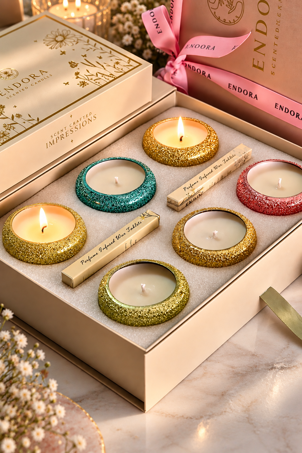 Crinkle Glow Diya Gift Set + 2 Scented Wax Tablets