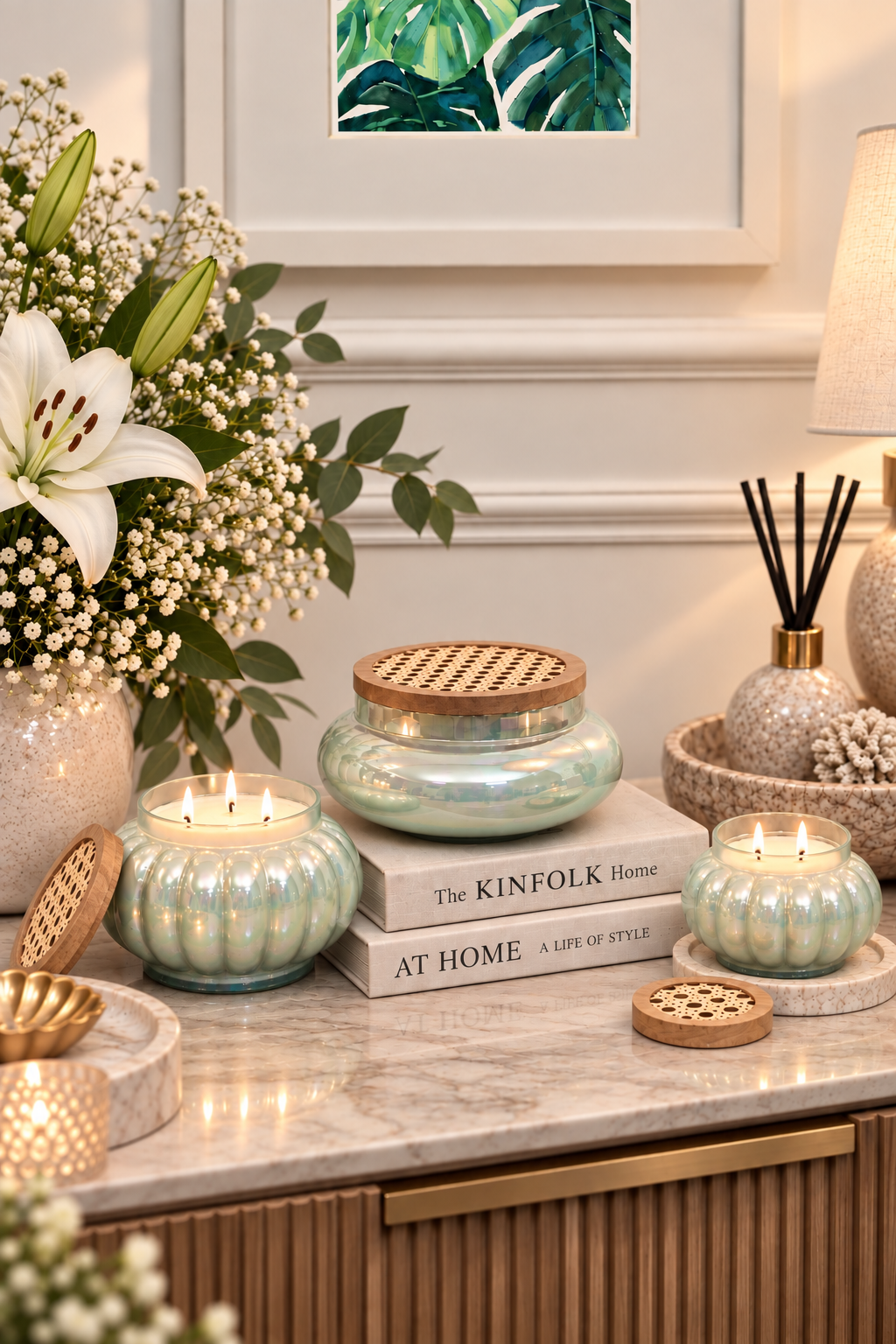 Aquamarine Boho Set of 3 - Lustre Jars with wooden cane lid