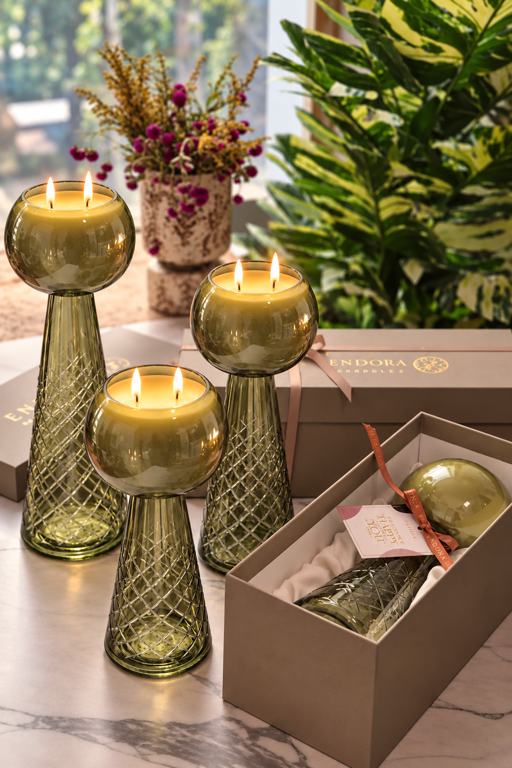 Luxe Luminance Pedestal Candles | Crystal Olive Green Glass