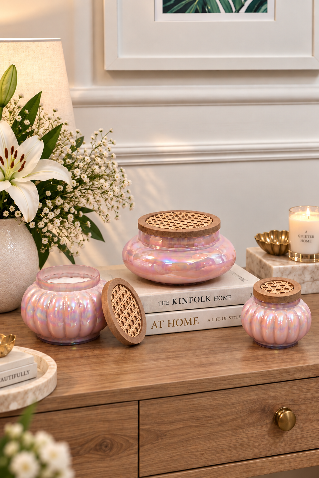 Pink Boho Set Of 3 - Lustre Jars with wooden cane Lid
