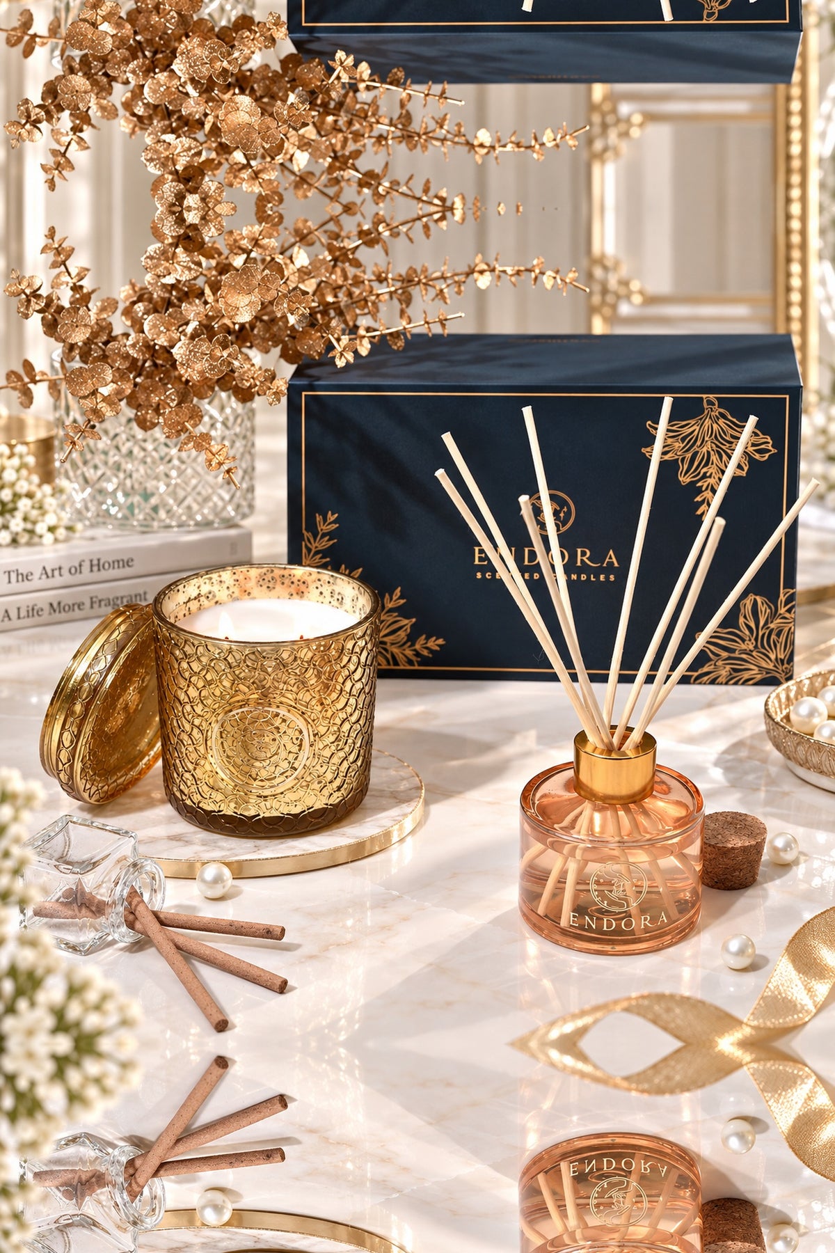 Endora Signature gold candle + Diffuser set