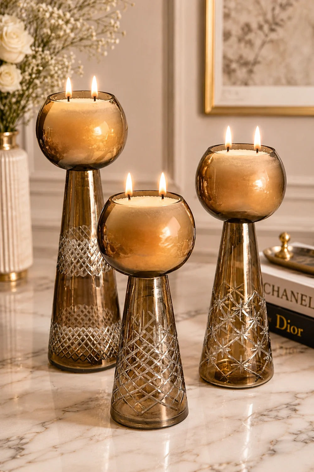 Luxe Luminance Pedestal Candles | Crystal Olive Green Glass
