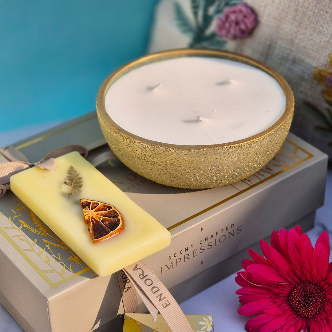 Scent Essential Gift Box (Sandalwood & oud) | 3 Wick Crinkle Bowl | Scented Candles