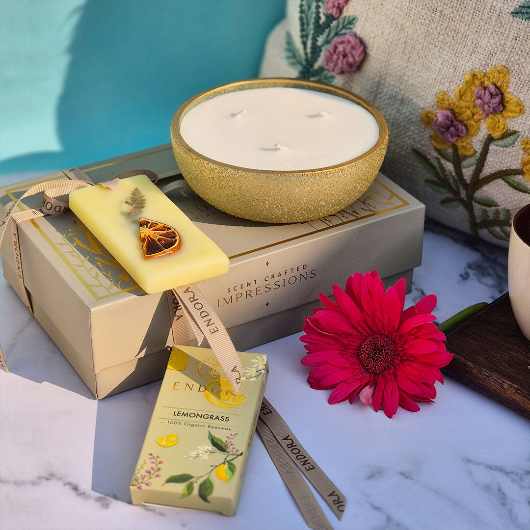 Scent Essential Gift Box (Sandalwood & oud) | 3 Wick Crinkle Bowl | Scented Candles