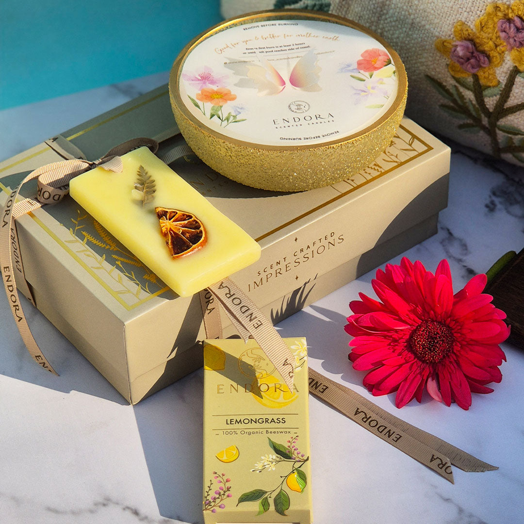 Scent Essential Gift Box (Sandalwood & oud) | 3 Wick Crinkle Bowl | Scented Candles