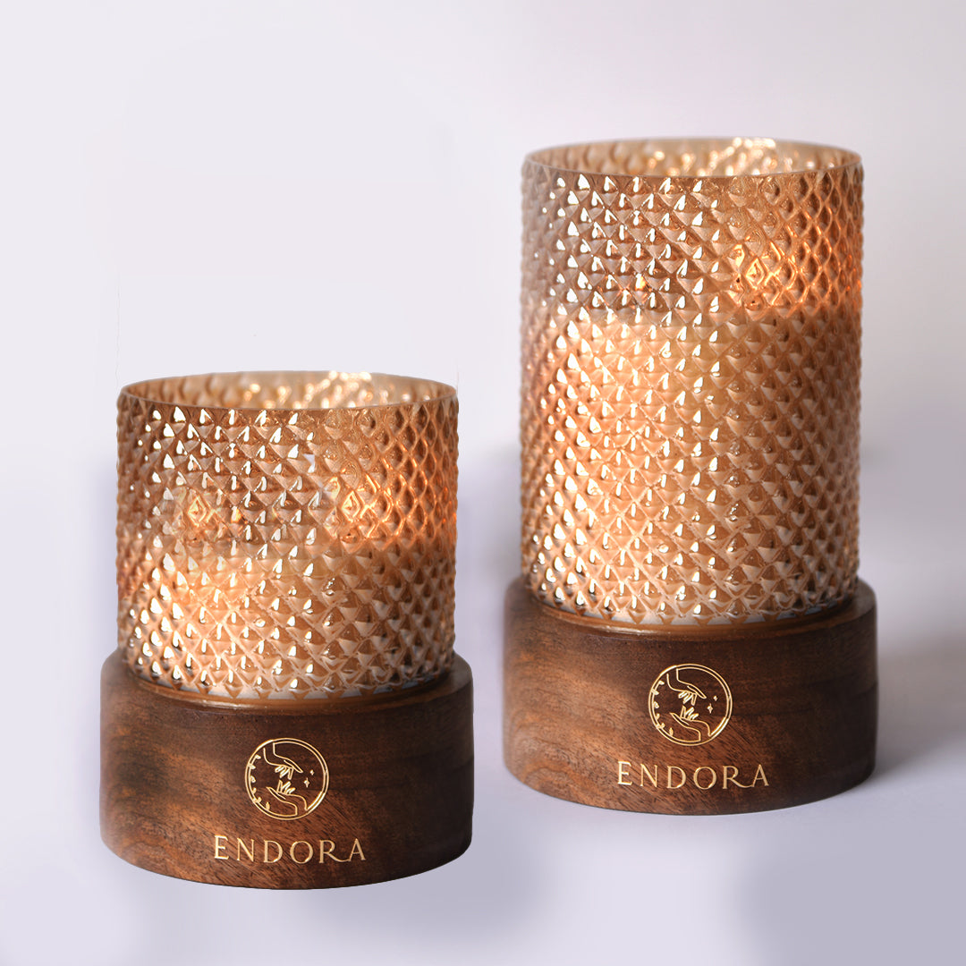Diamond Cut Wood Base Candles | Set of 3