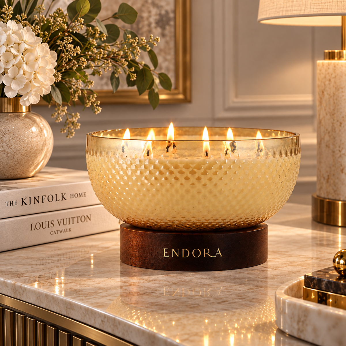 Diamond Cut Wood Base Candles | Set of 3