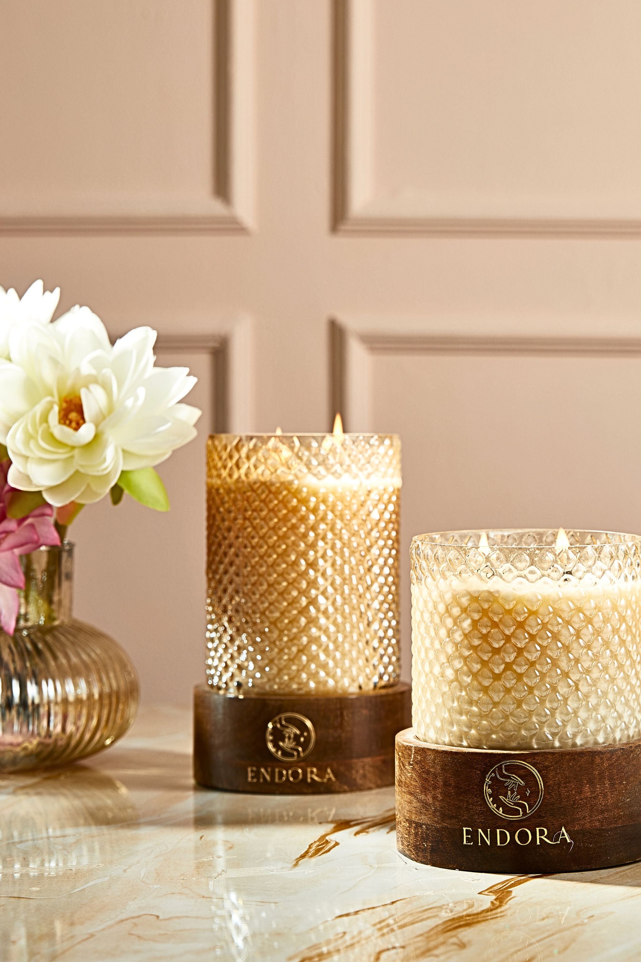 Diamond Cut Wood Base Candles | Amber