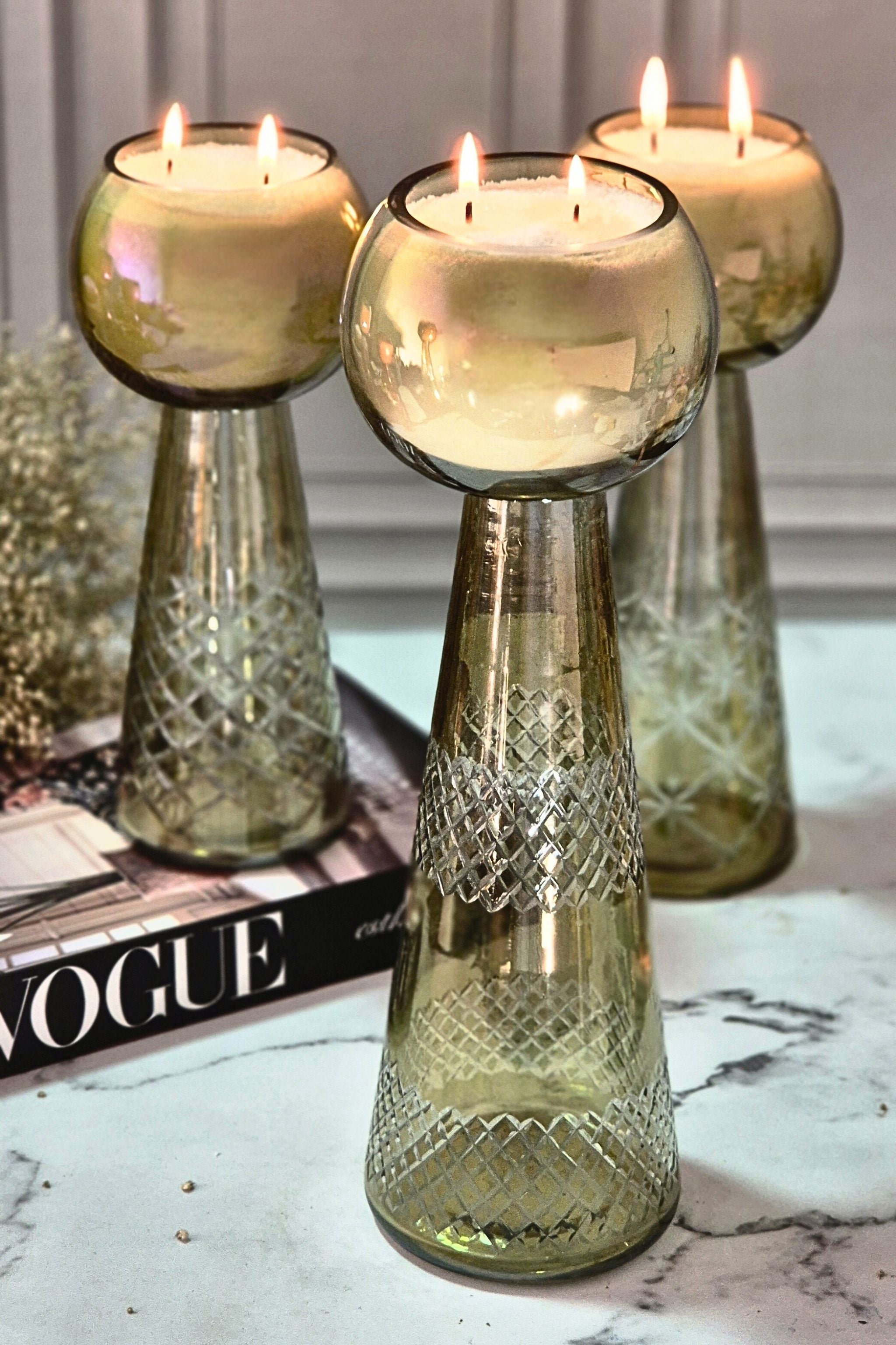 Luxe Luminance Pedestal Candles | Crystal Olive Green Glass