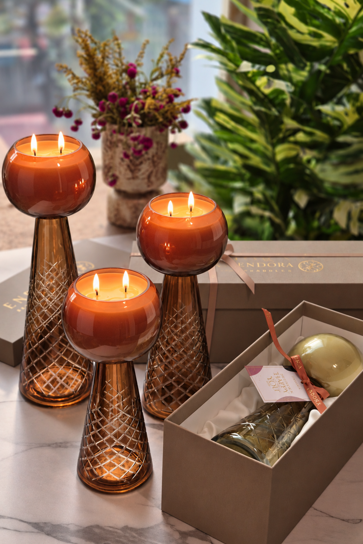 Luxe Luminance Pedestal Candles | Crystal Amber Glass