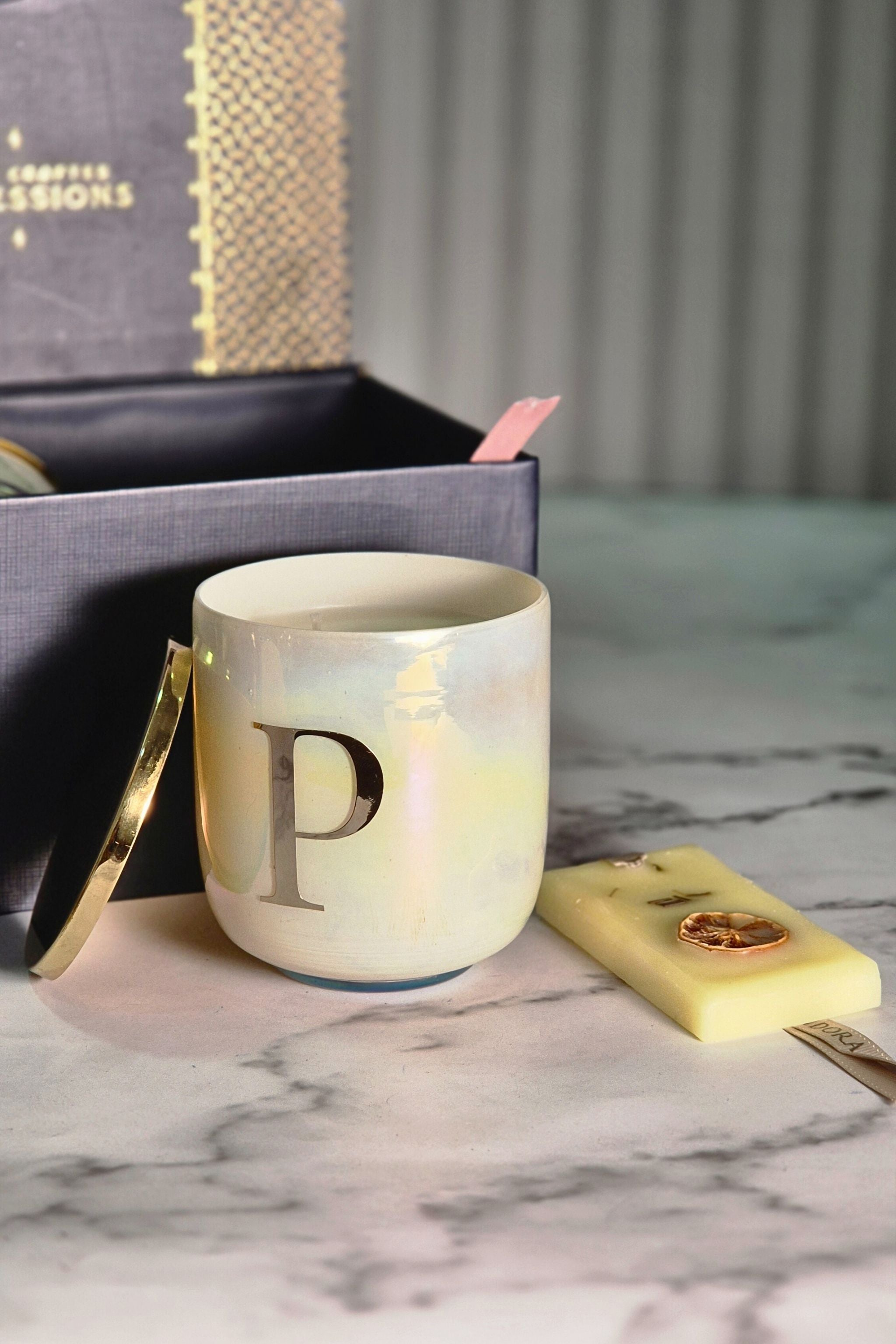 The Initial Candle + scented wax tablet