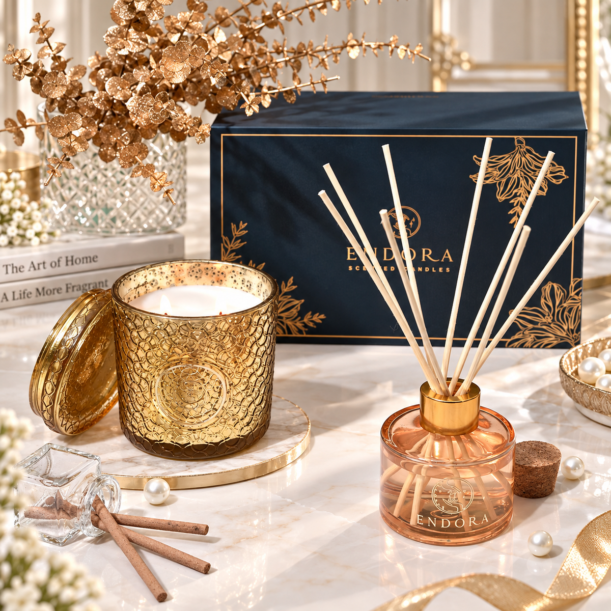 Endora Signature gold candle + Diffuser set