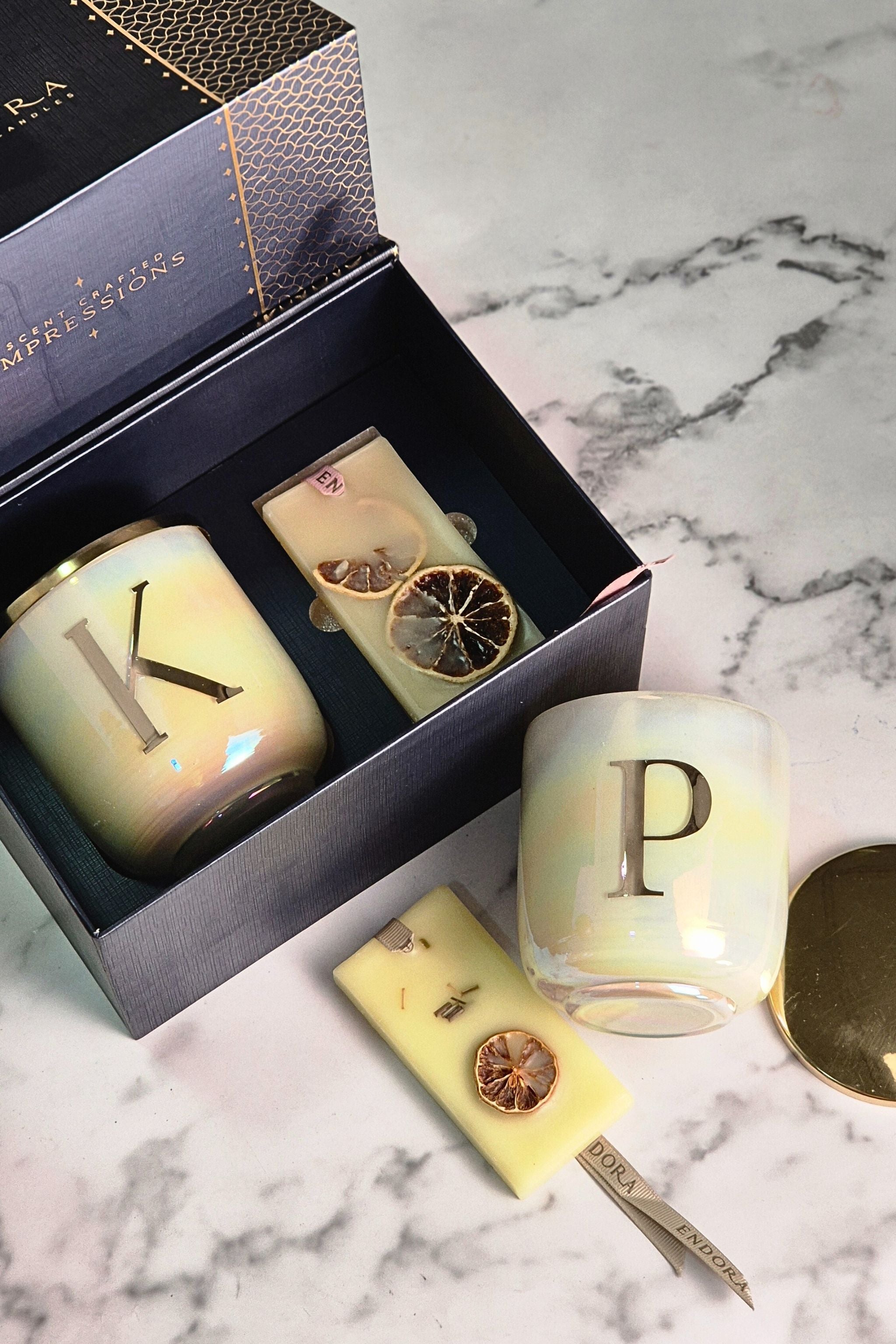 The Initial Candle + scented wax tablet