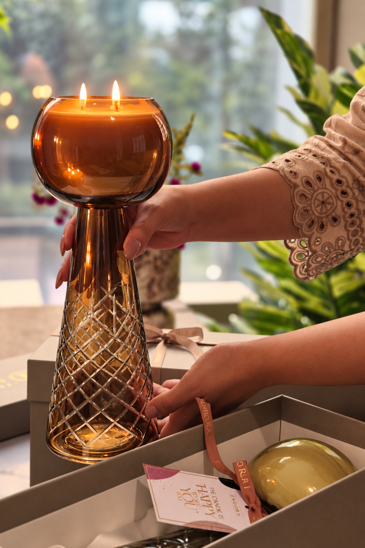 Luxe Luminance Pedestal Candles | Crystal Amber Glass