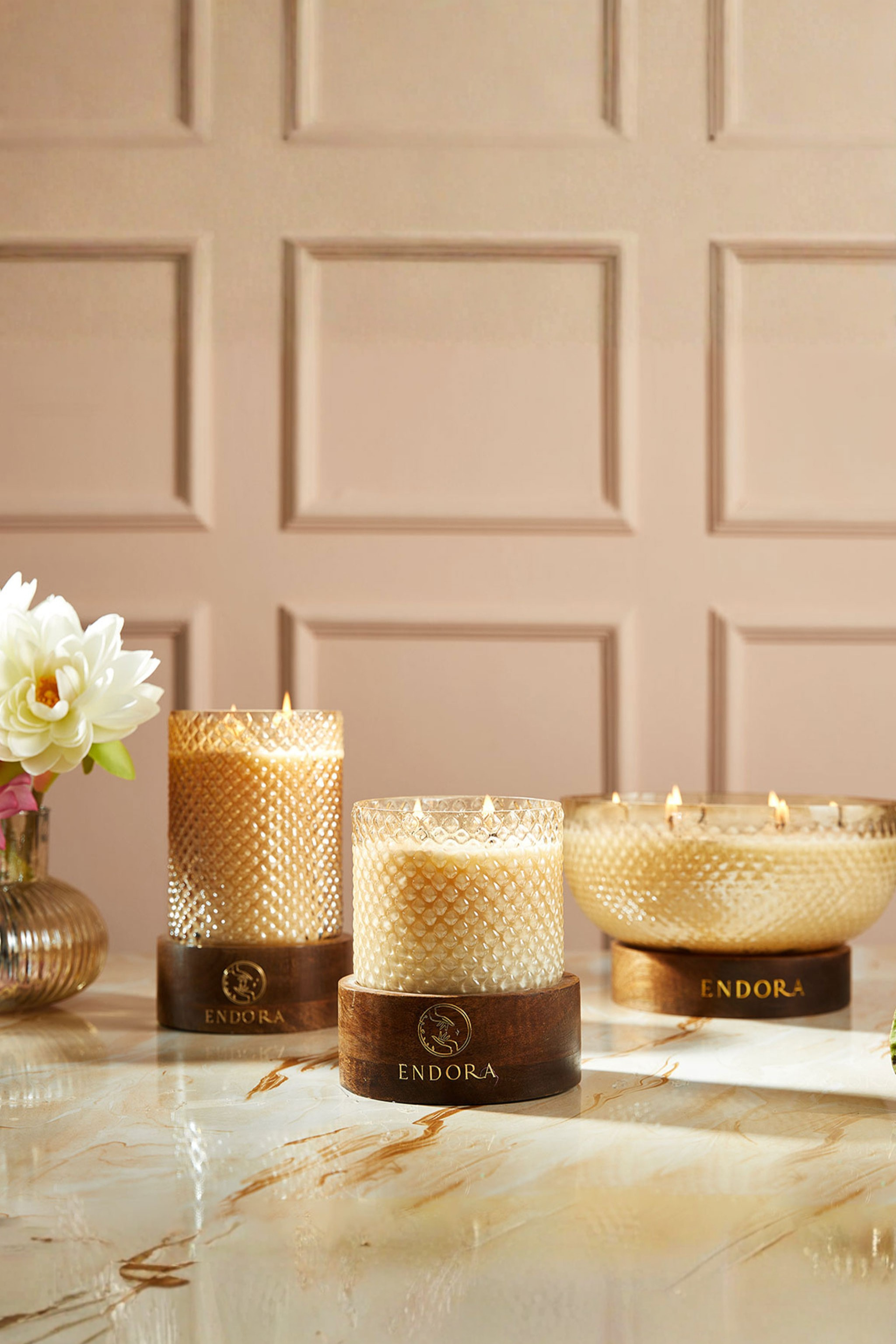 Diamond Cut Wood Base Candles | Set of 3