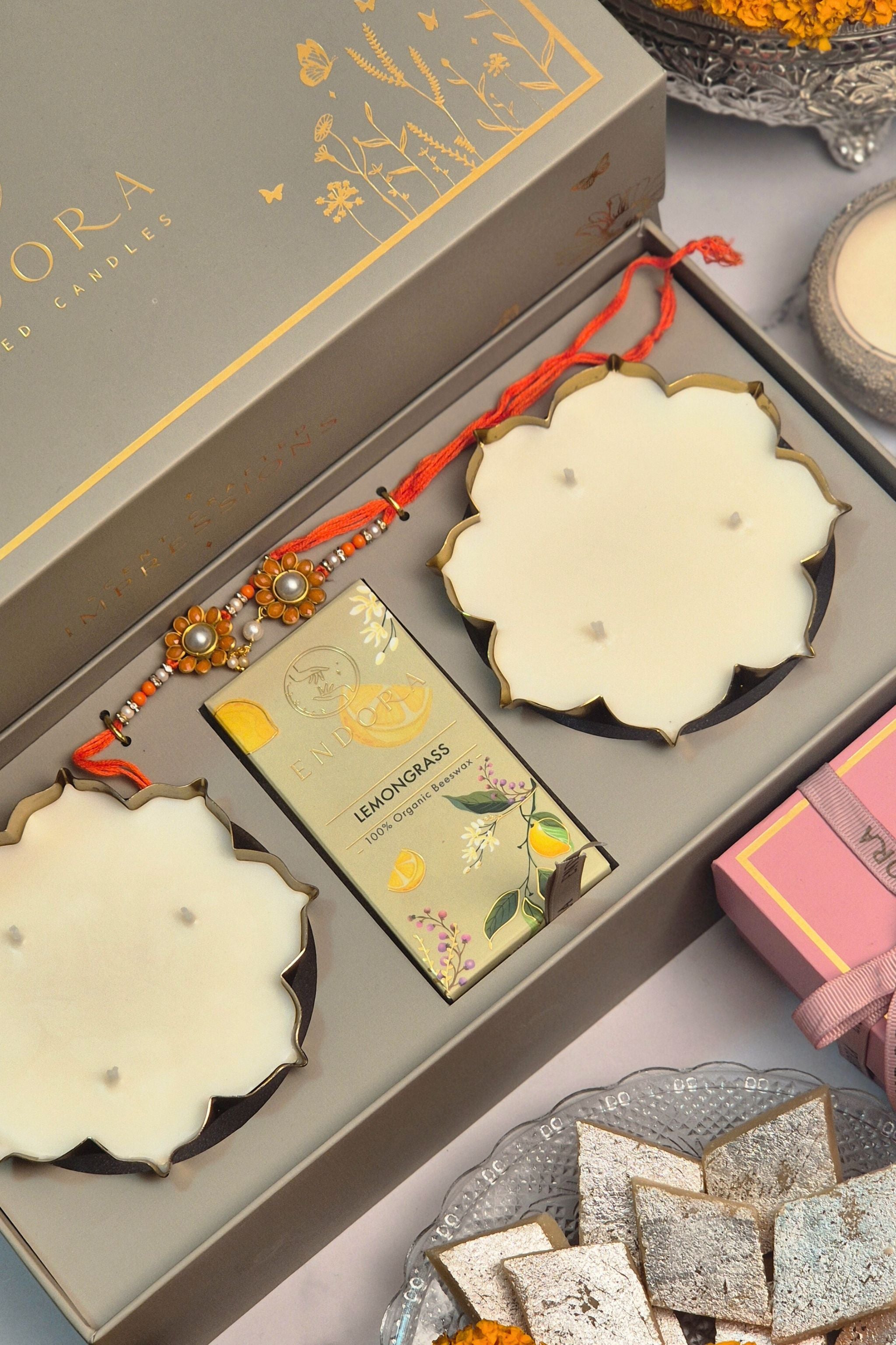 Rakhi Special Gift Box  | 2 lotus urli  + Bhaiya bhabhi rakhi + Wax tablet