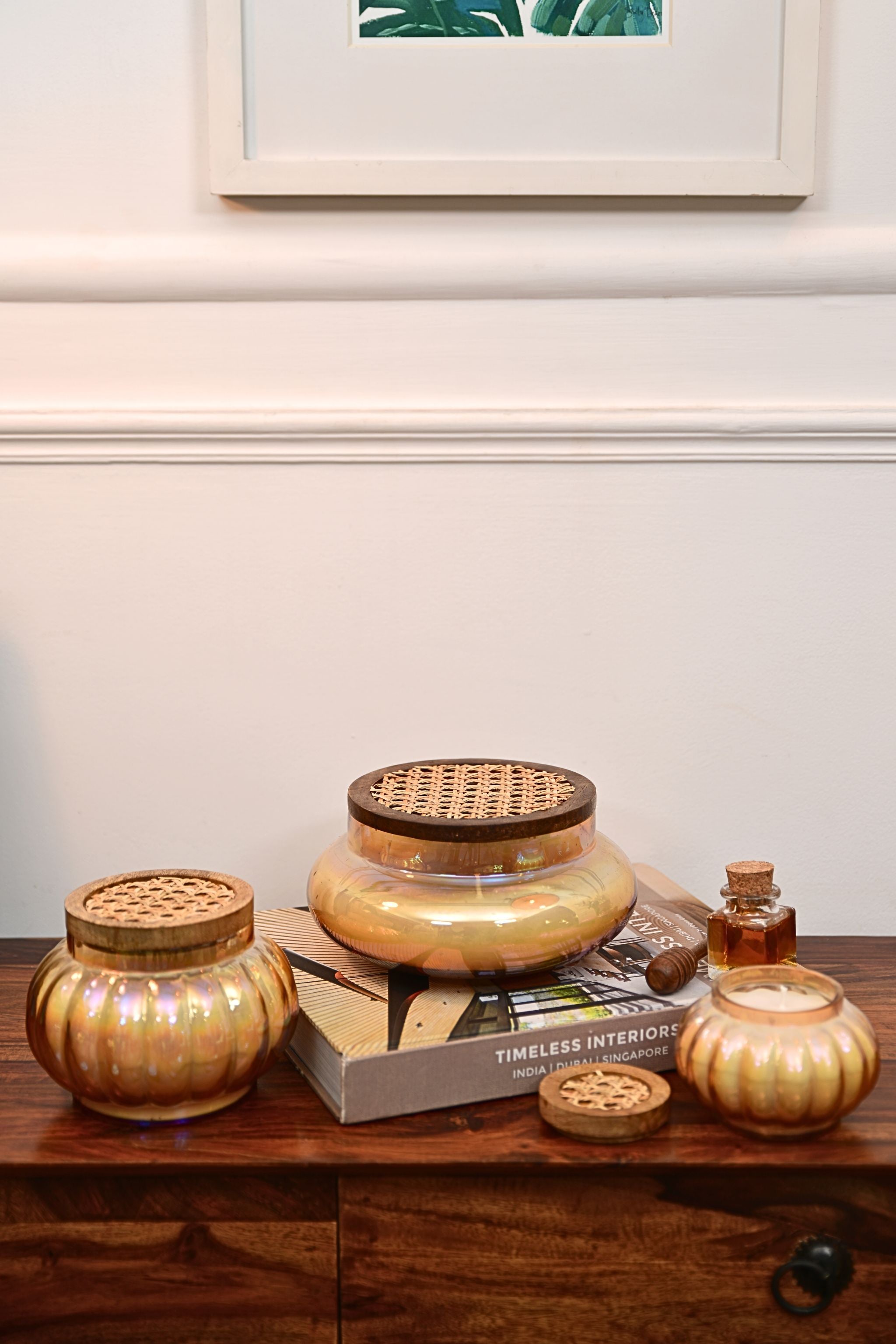 Amber Boho set of 3 - Lustre Jars with wooden cane lid