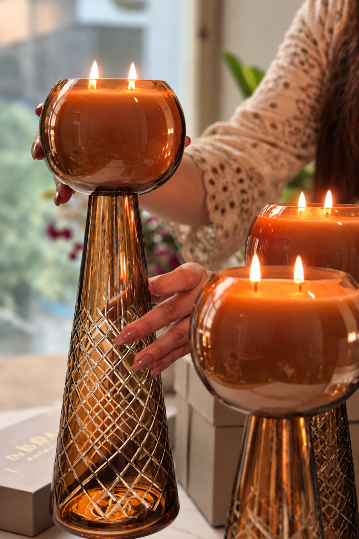 Luxe Luminance Pedestal Candles | Crystal Amber Glass