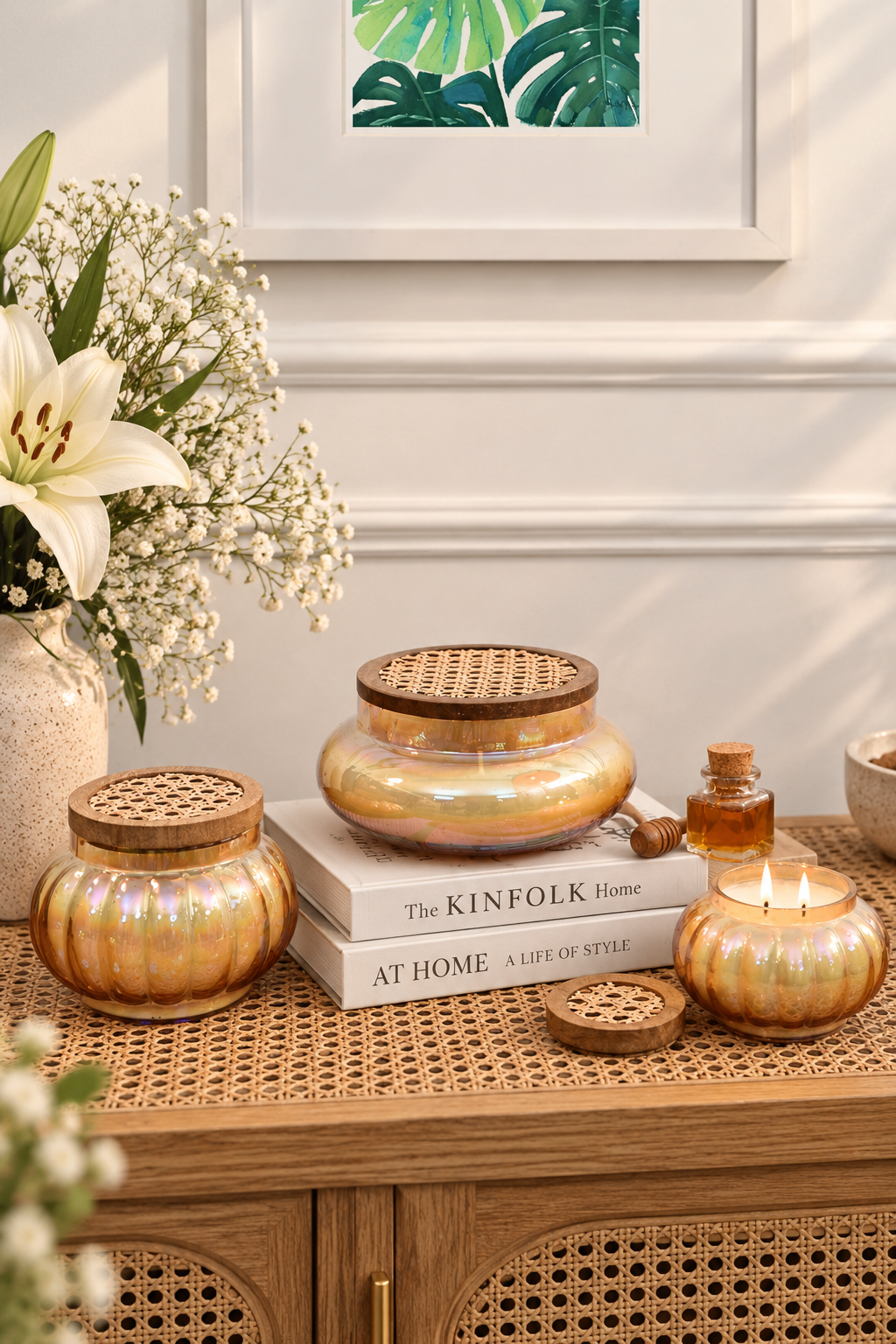Amber Boho set of 3 - Lustre Jars with wooden cane lid
