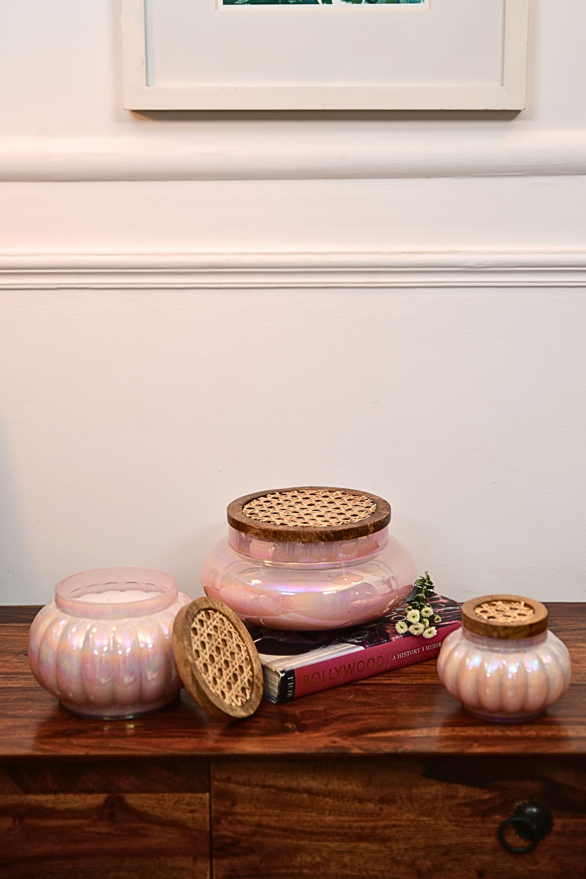 Pink Boho Set Of 3 - Lustre Jars with wooden cane Lid