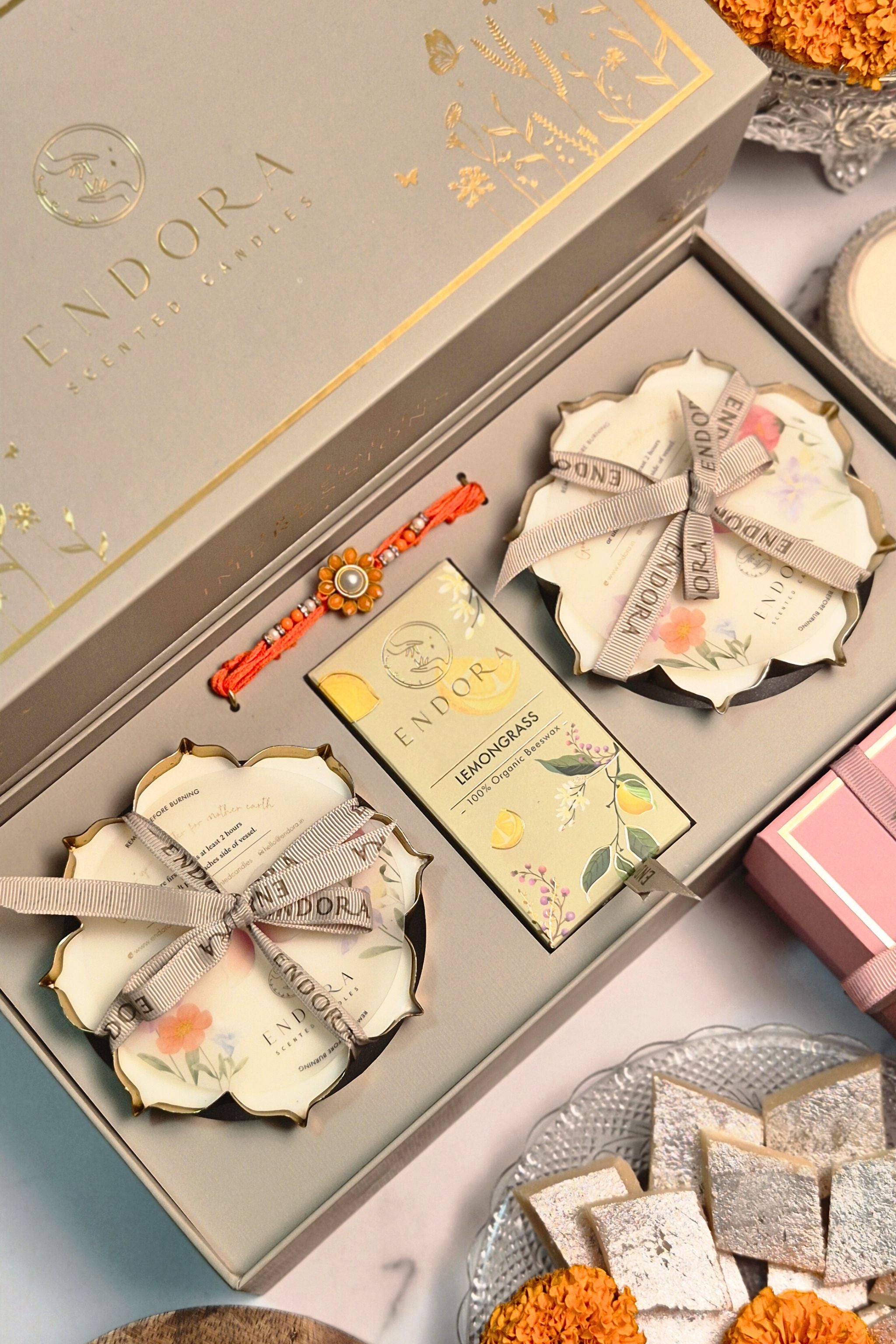Rakhi Special Gift Box  | 2 lotus urli  + Bhaiya bhabhi rakhi + Wax tablet