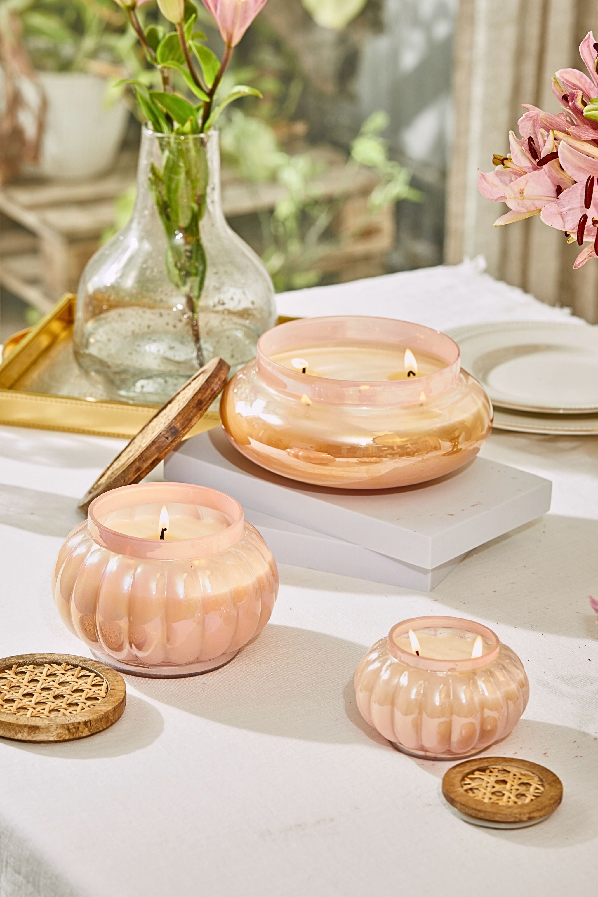 Pink Boho Set Of 3 - Lustre Jars with wooden cane Lid