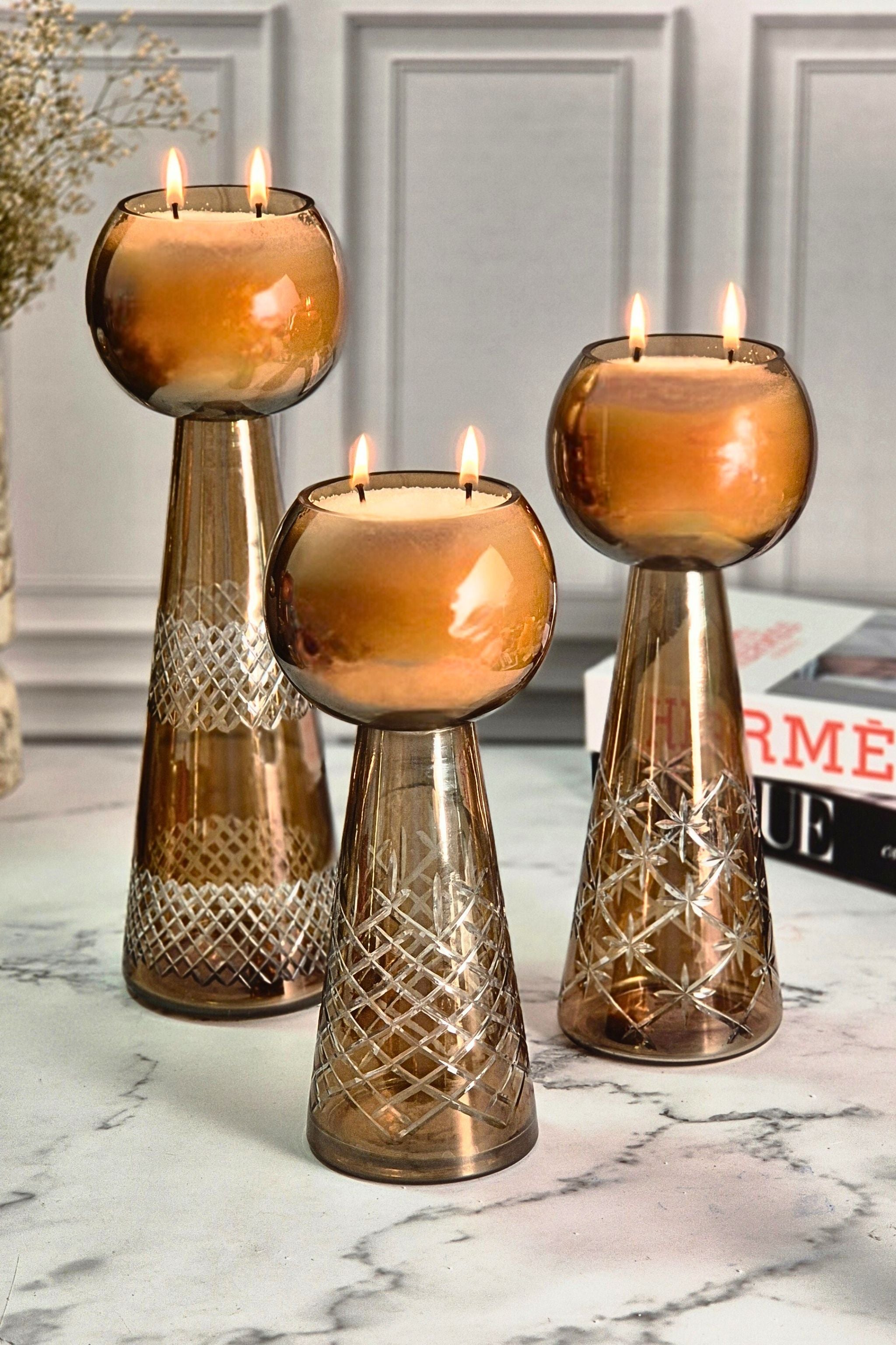 Luxe Luminance Pedestal Candles | Crystal Amber Glass
