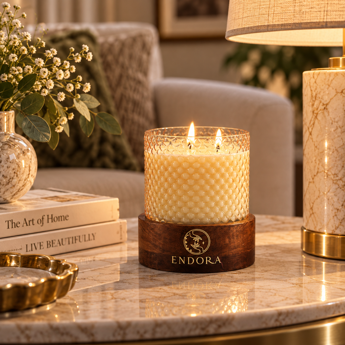 Diamond Cut Wood Base Candles | Set of 3