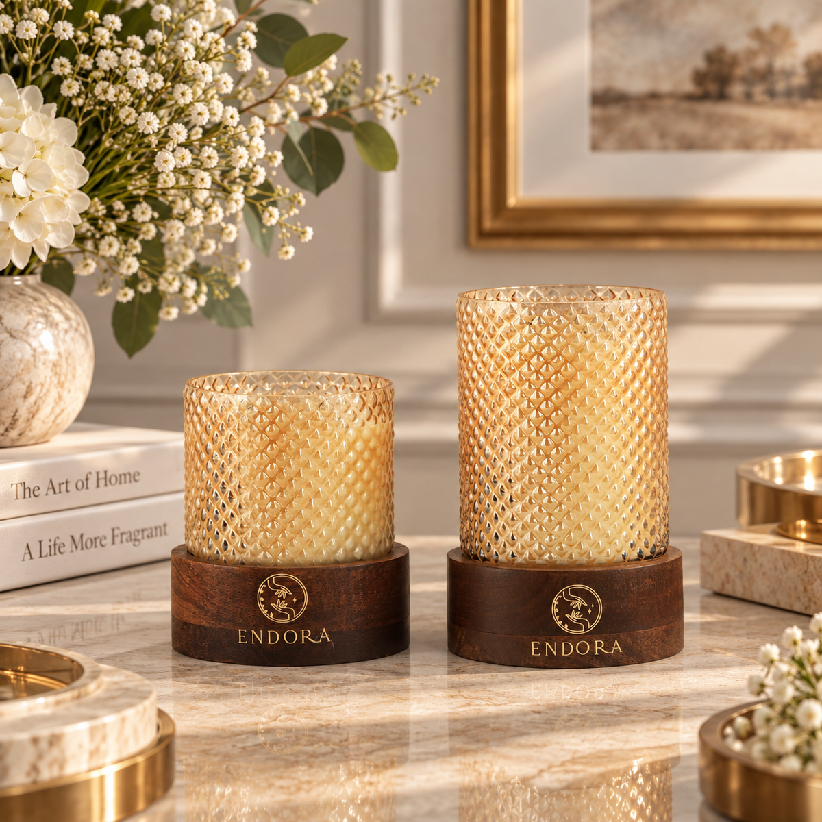 Diamond Cut Wood Base Candles | Set of 3
