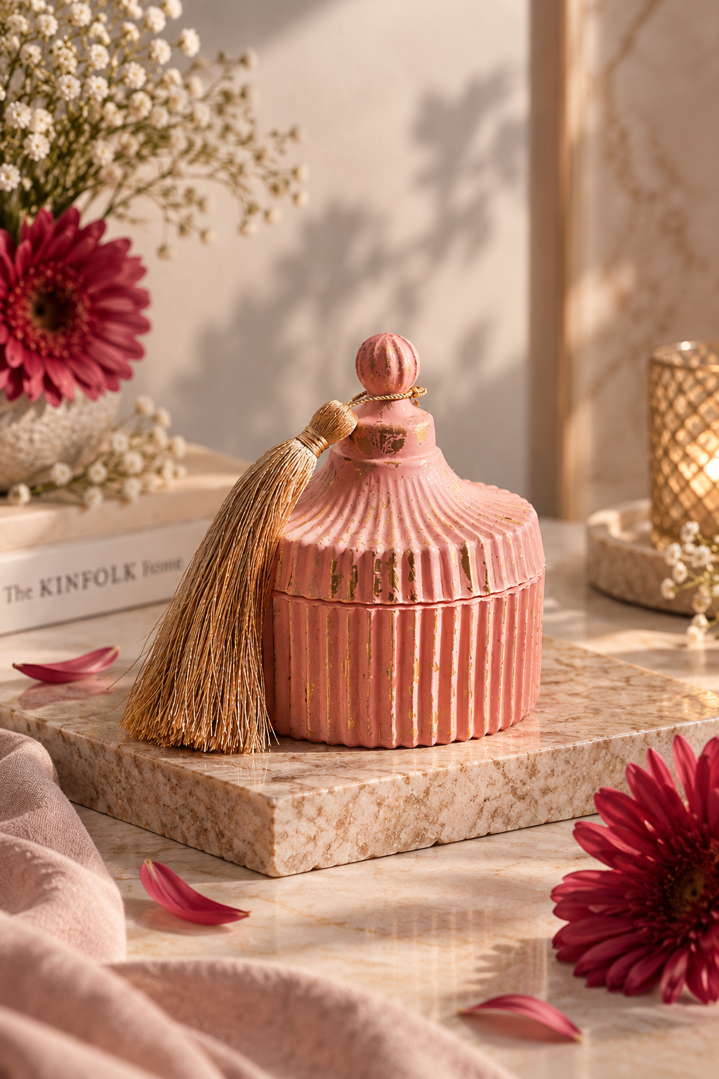 Peach Candy Jar Tassel Candle + 2 Scented Wax Tablet