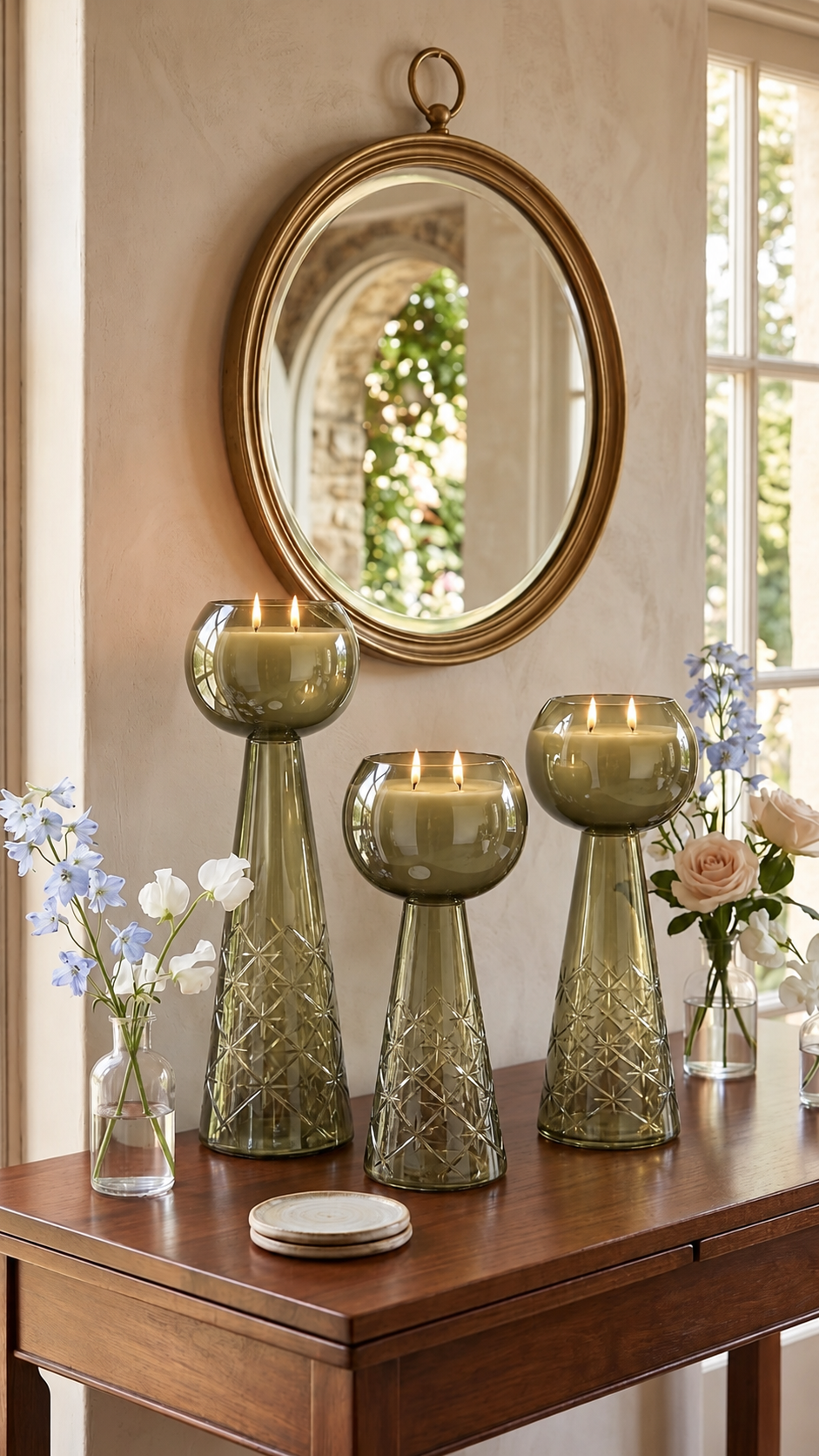 Luxe Luminance Pedestal Candles | Crystal Olive Green Glass
