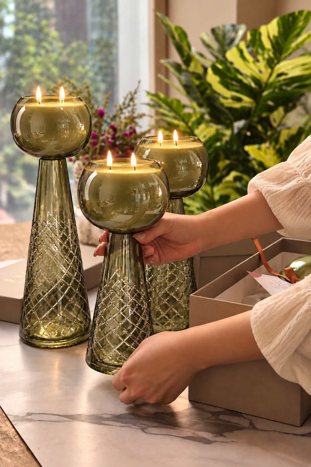 Luxe Luminance Pedestal Candles | Crystal Olive Green Glass