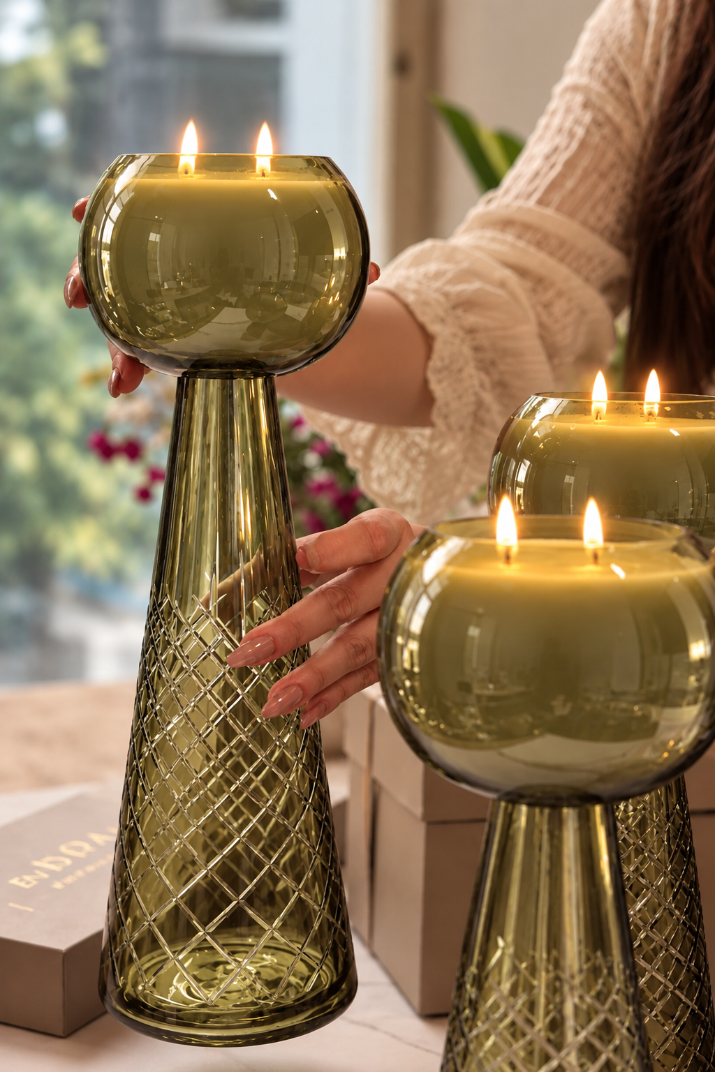 Luxe Luminance Pedestal Candles | Crystal Olive Green Glass