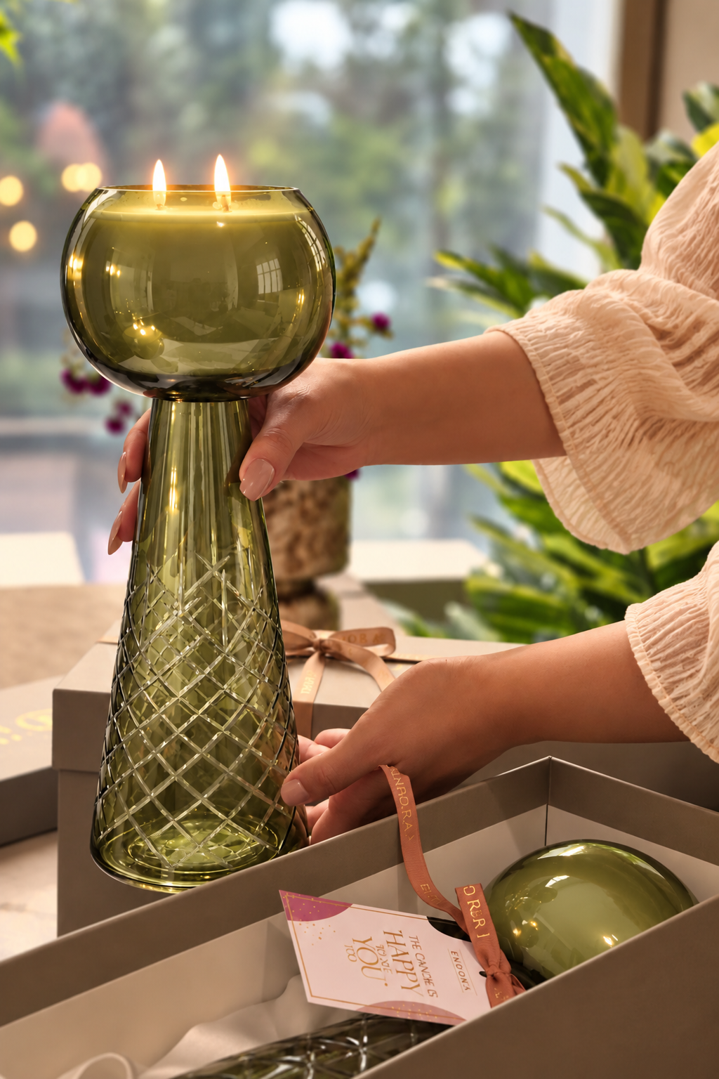 Luxe Luminance Pedestal Candles | Crystal Olive Green Glass