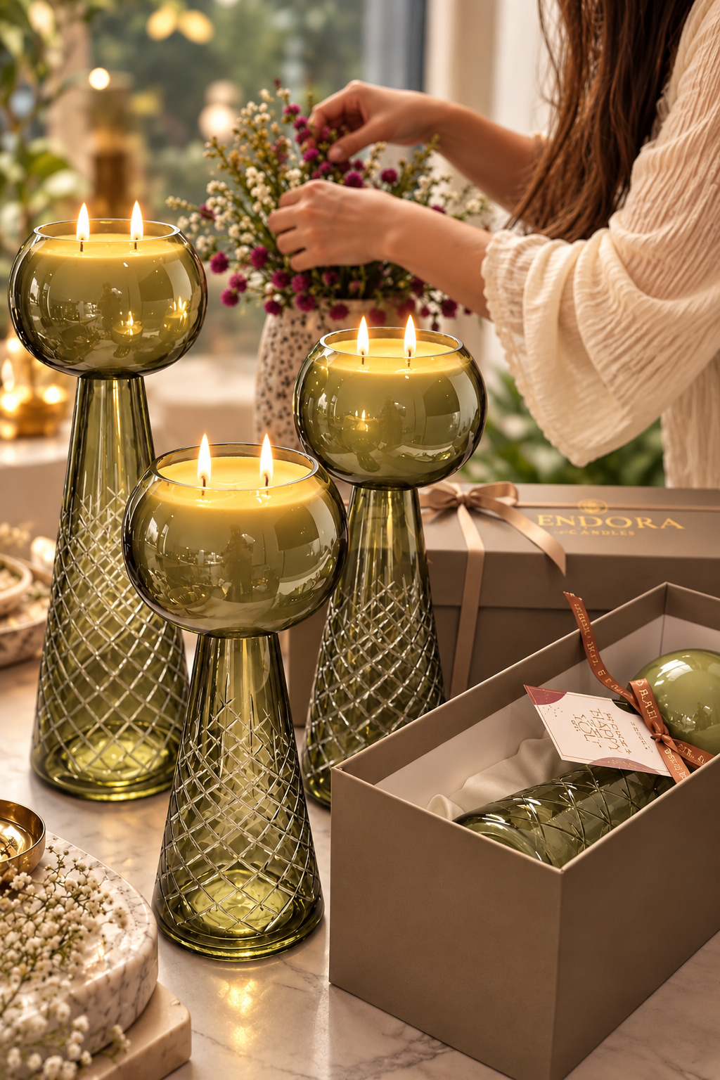 Luxe Luminance Pedestal Candles | Crystal Olive Green Glass