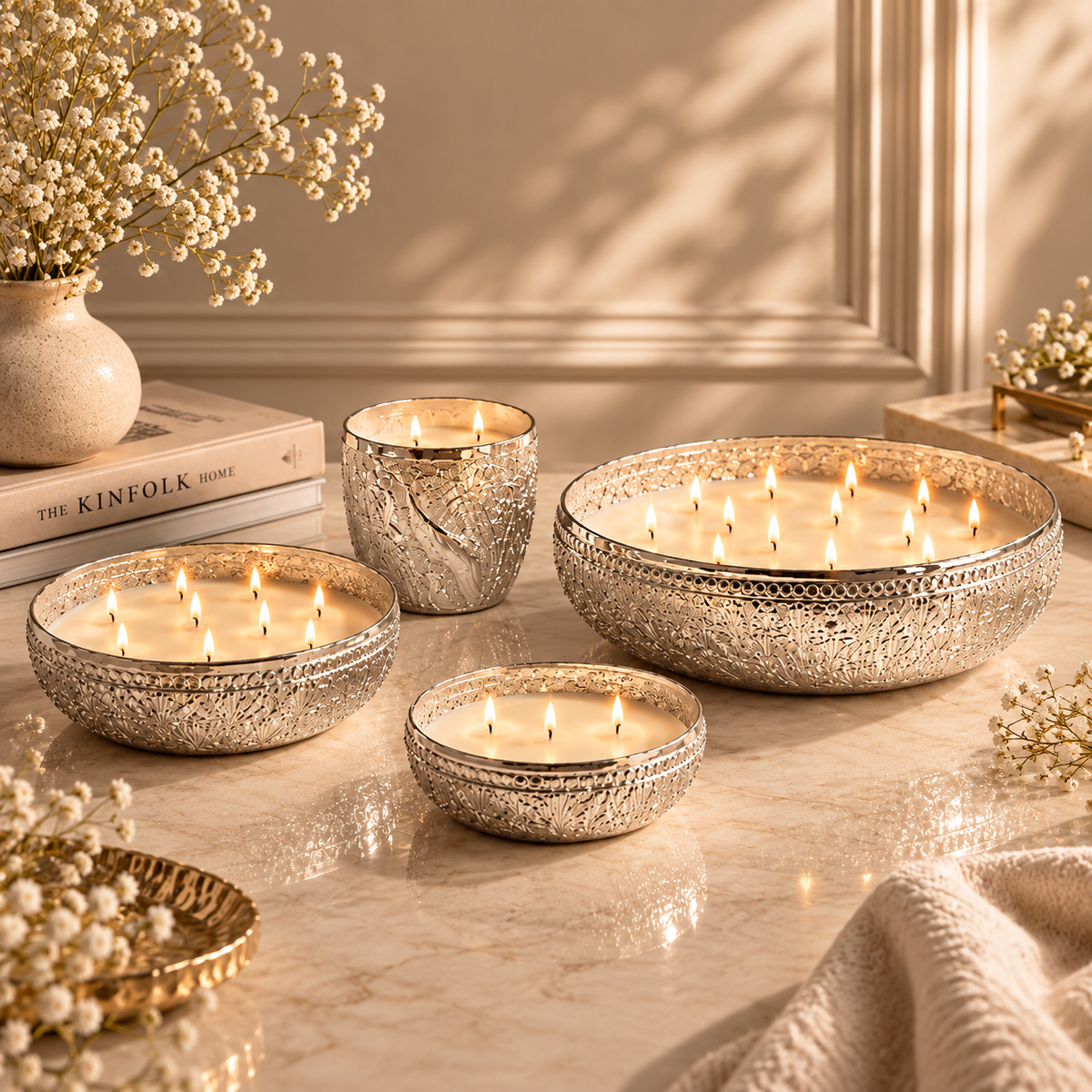 The Noor Collection- Hand Etched Silver Metal Luxury Candles